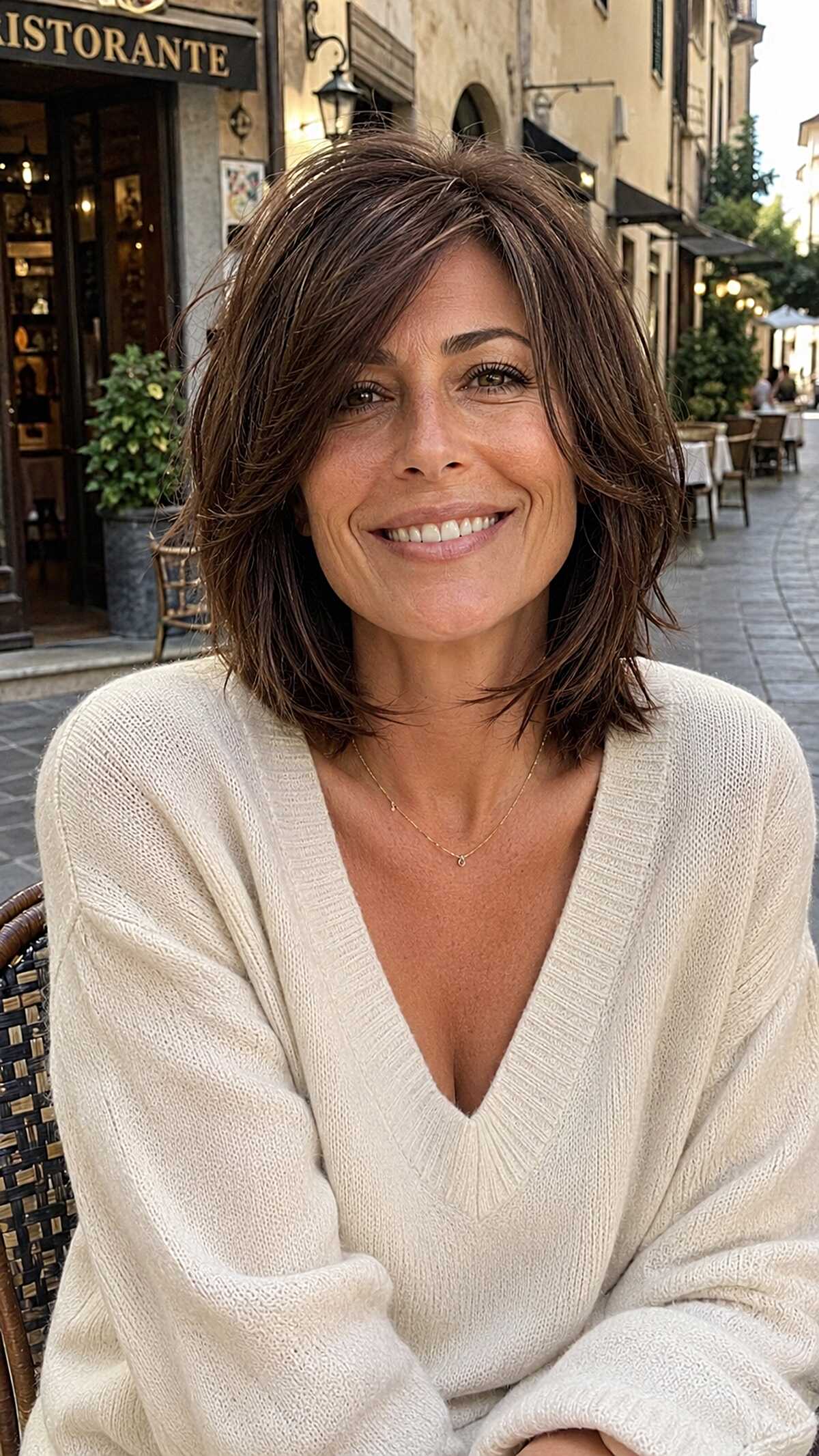Layered chocolate brown shag bob with face-framing layers