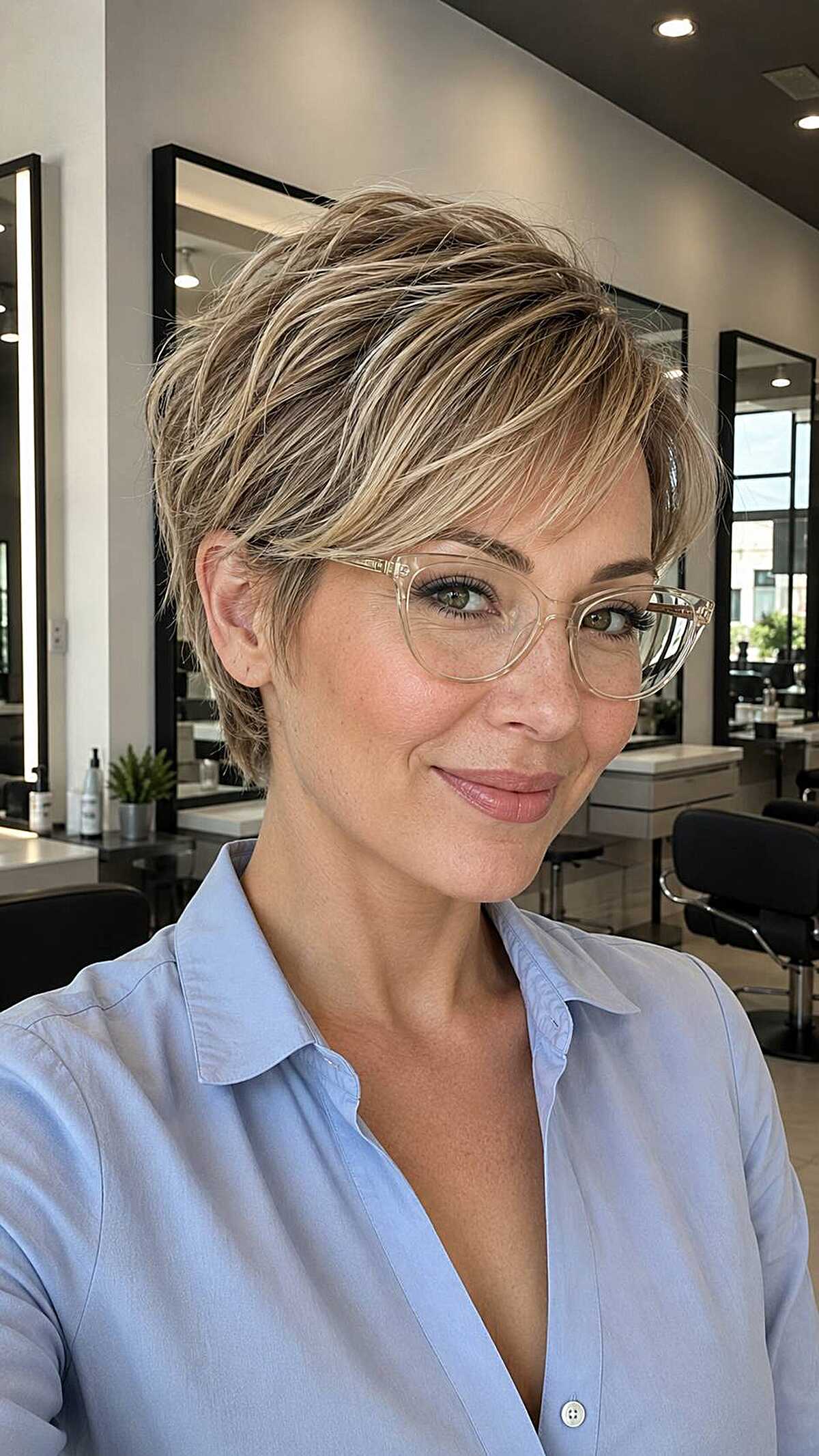 Blonde highlighted pixie with long swept fringe
