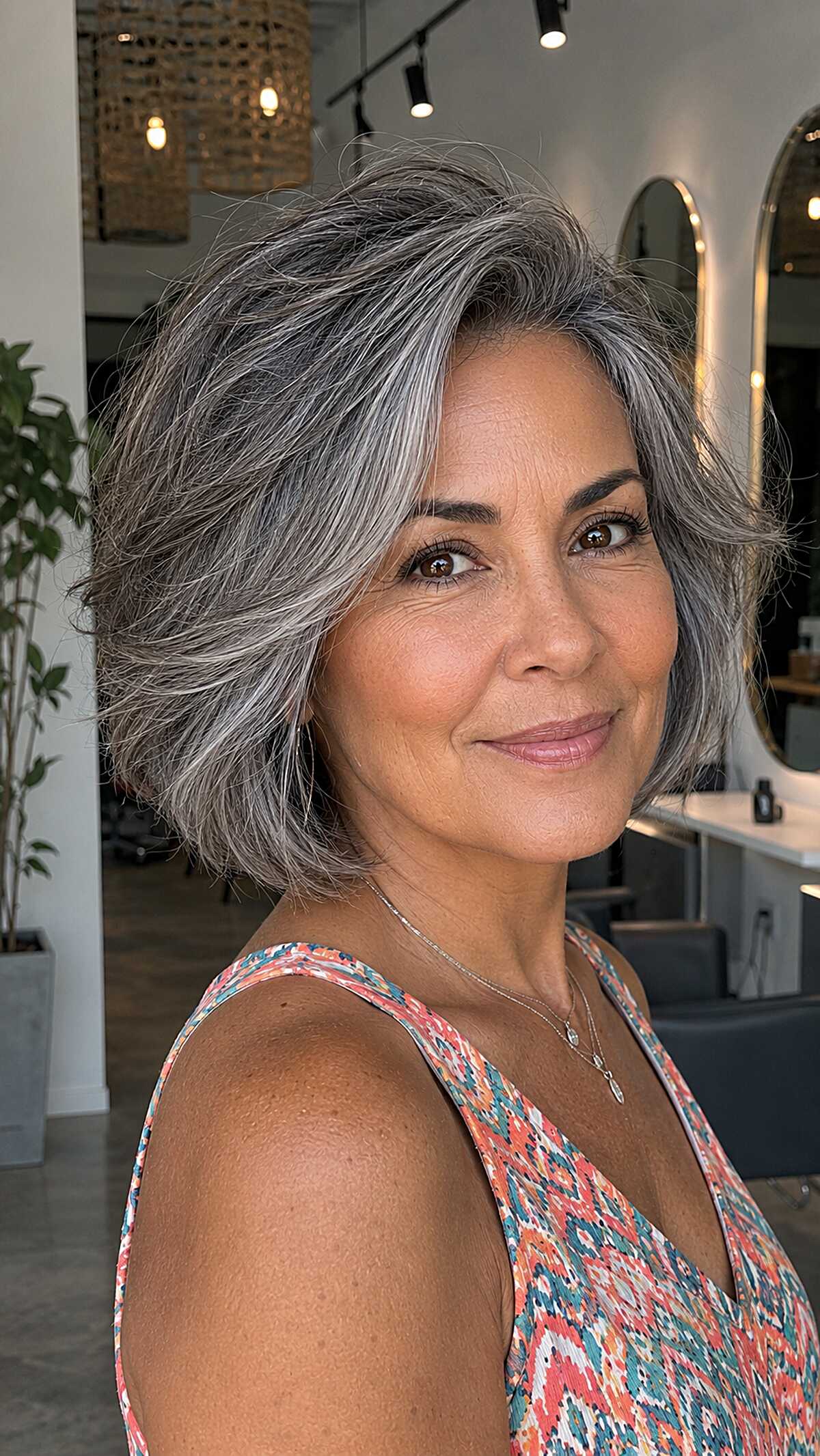 Salt and Pepper Chin Length Bob with Swept Back Movement