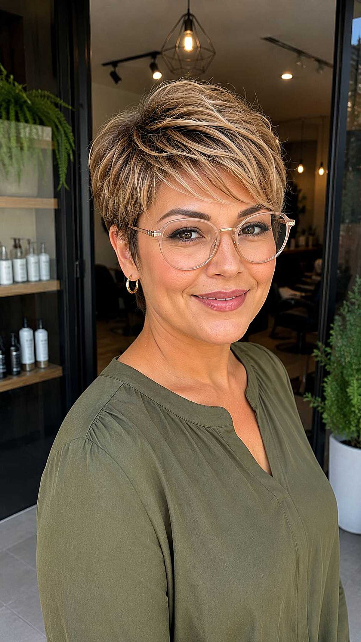 Sandy blonde choppy pixie with clear acetate glasses