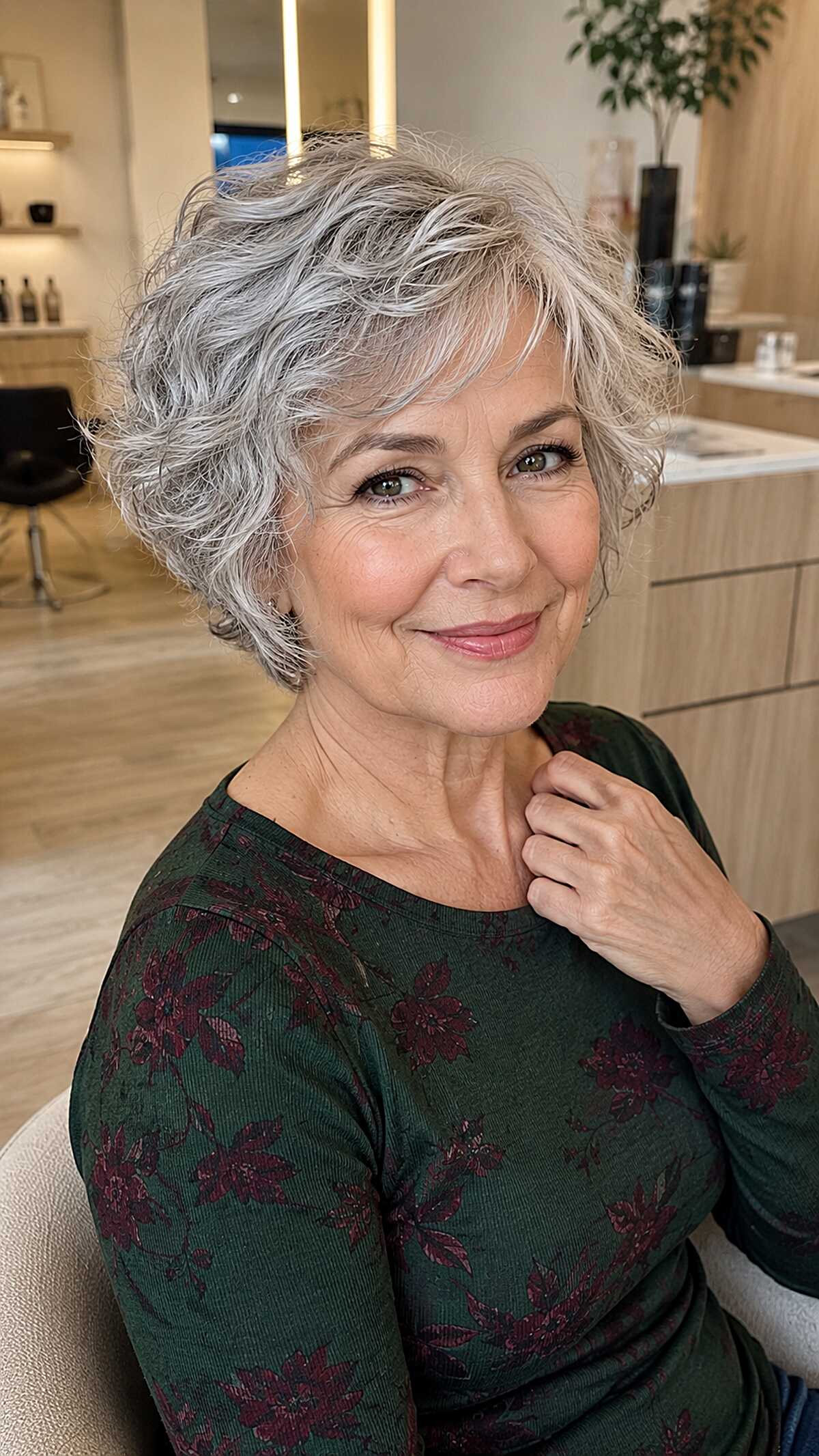 Short Silver Curly Crop with Layered Crown and Ear-Length Framing