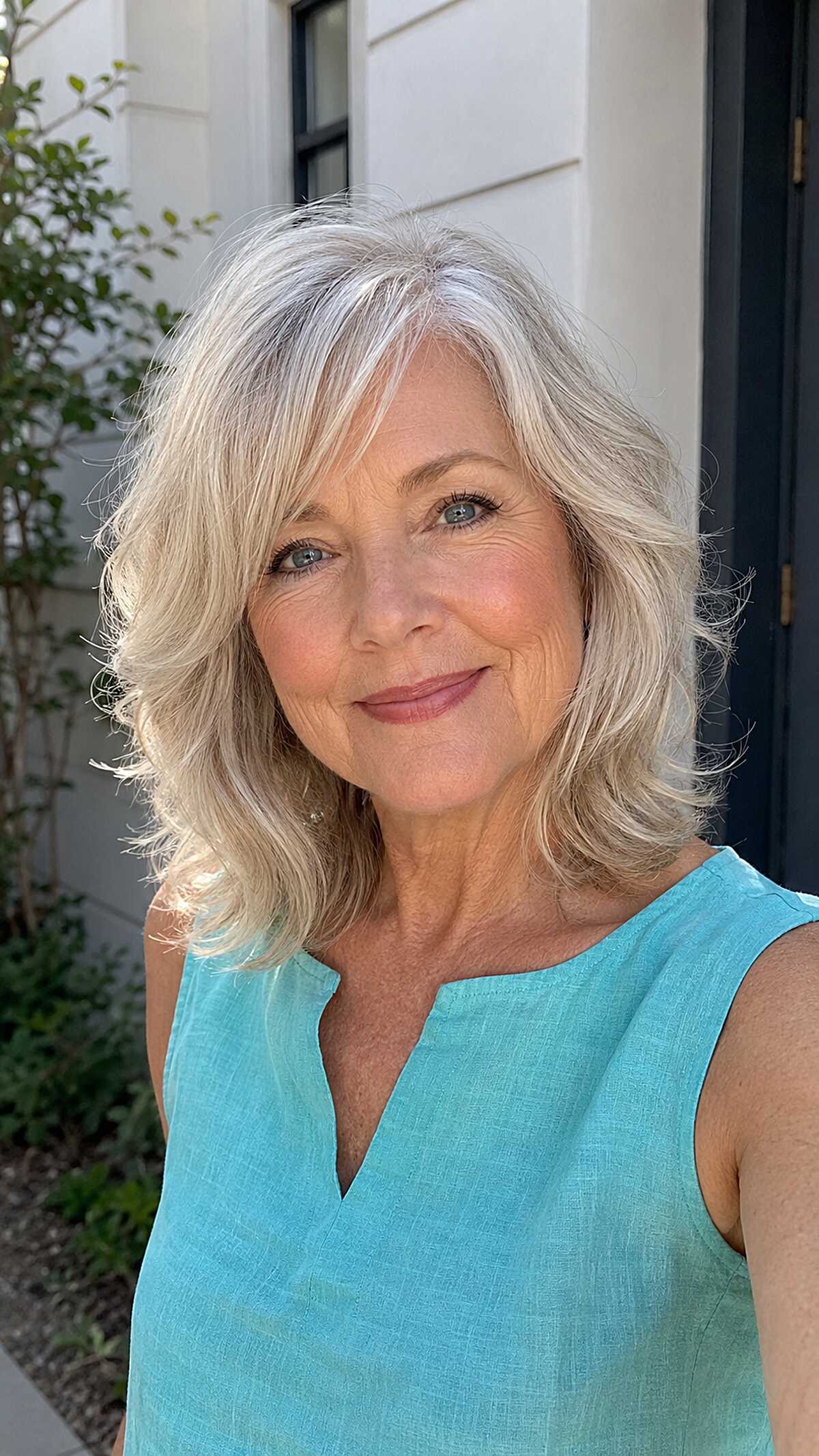 Silver Blonde Shoulder-Length Shag with Flipped Ends