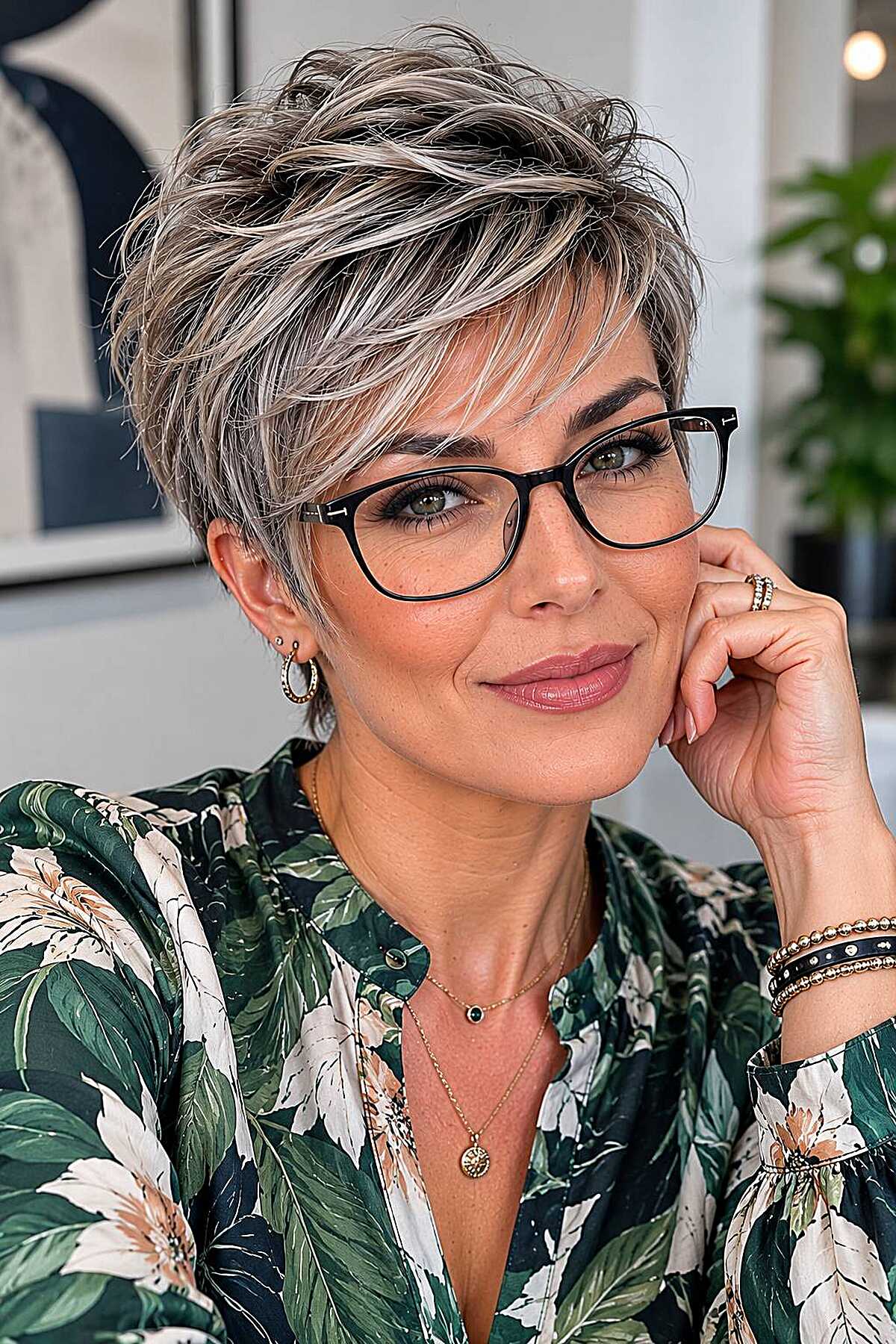Silver-streaked textured pixie with dark rectangular frames
