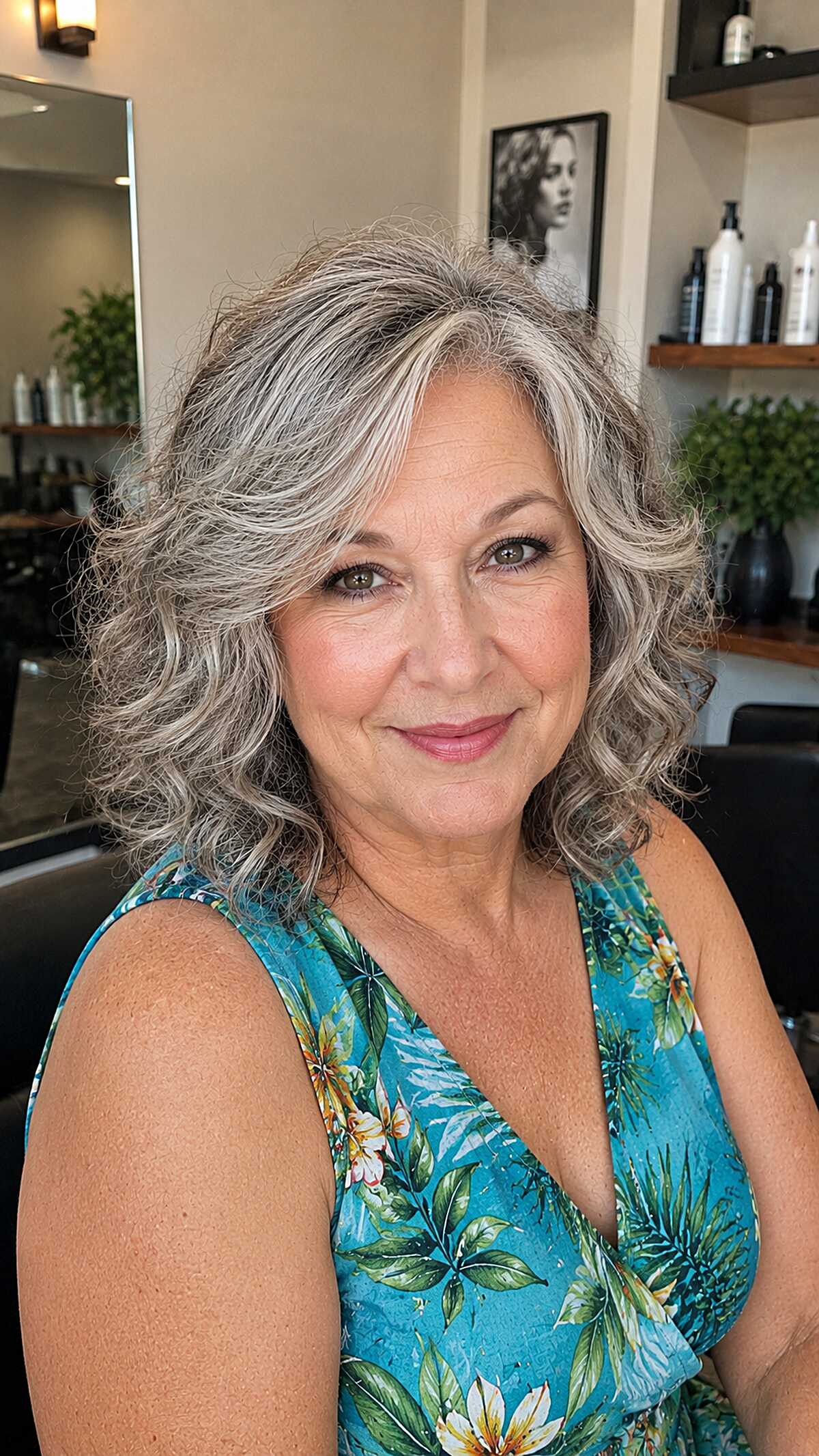 Silver-Streaked Wavy Bob with Natural Curl Pattern