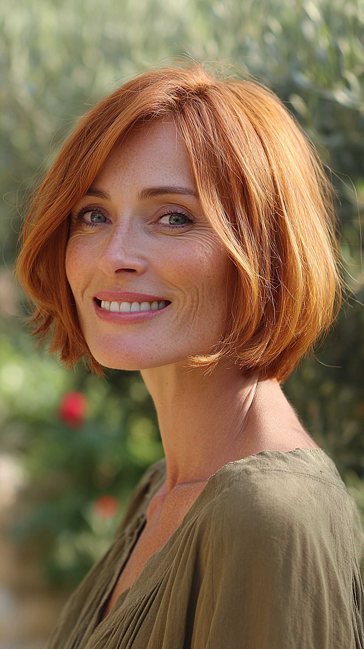 Sleek copper red bob with blunt ends and side part