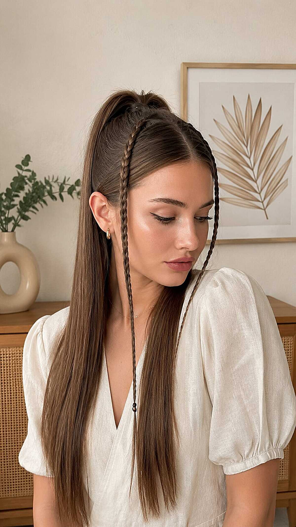 Sleek brunette high ponytail with thin accent braids