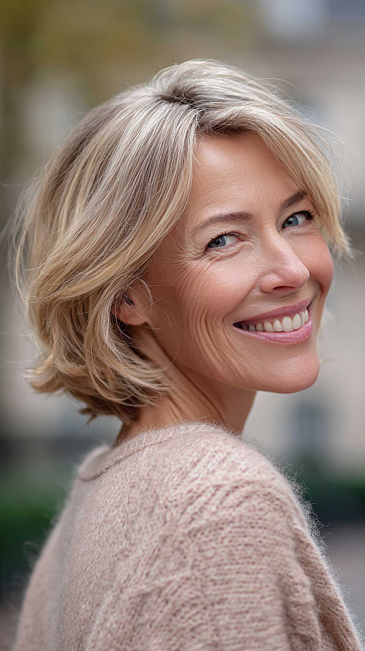 Ash blonde feathered layered bob on fine hair