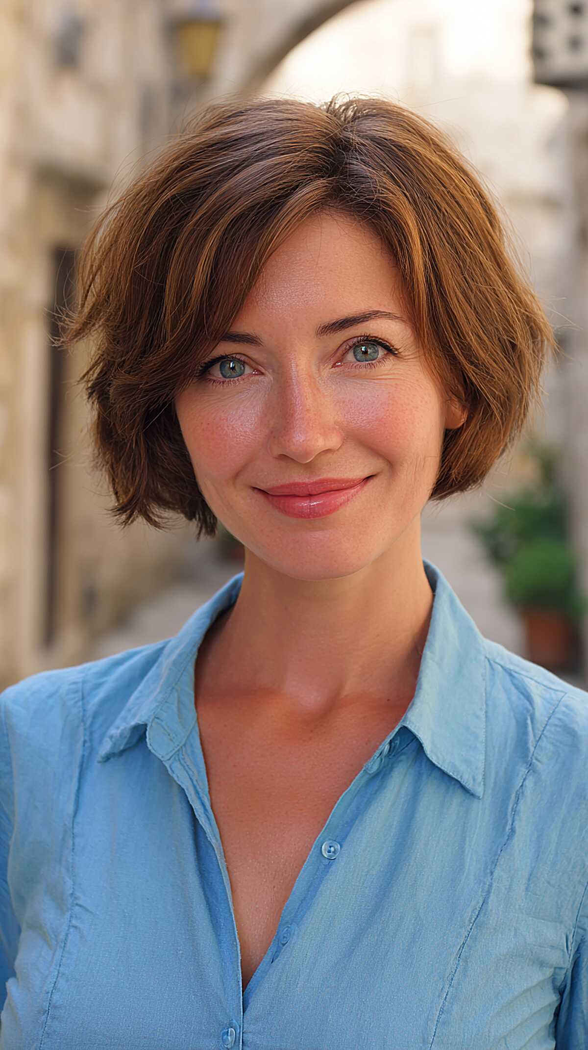 Short brunette bob with soft layers and subtle lift