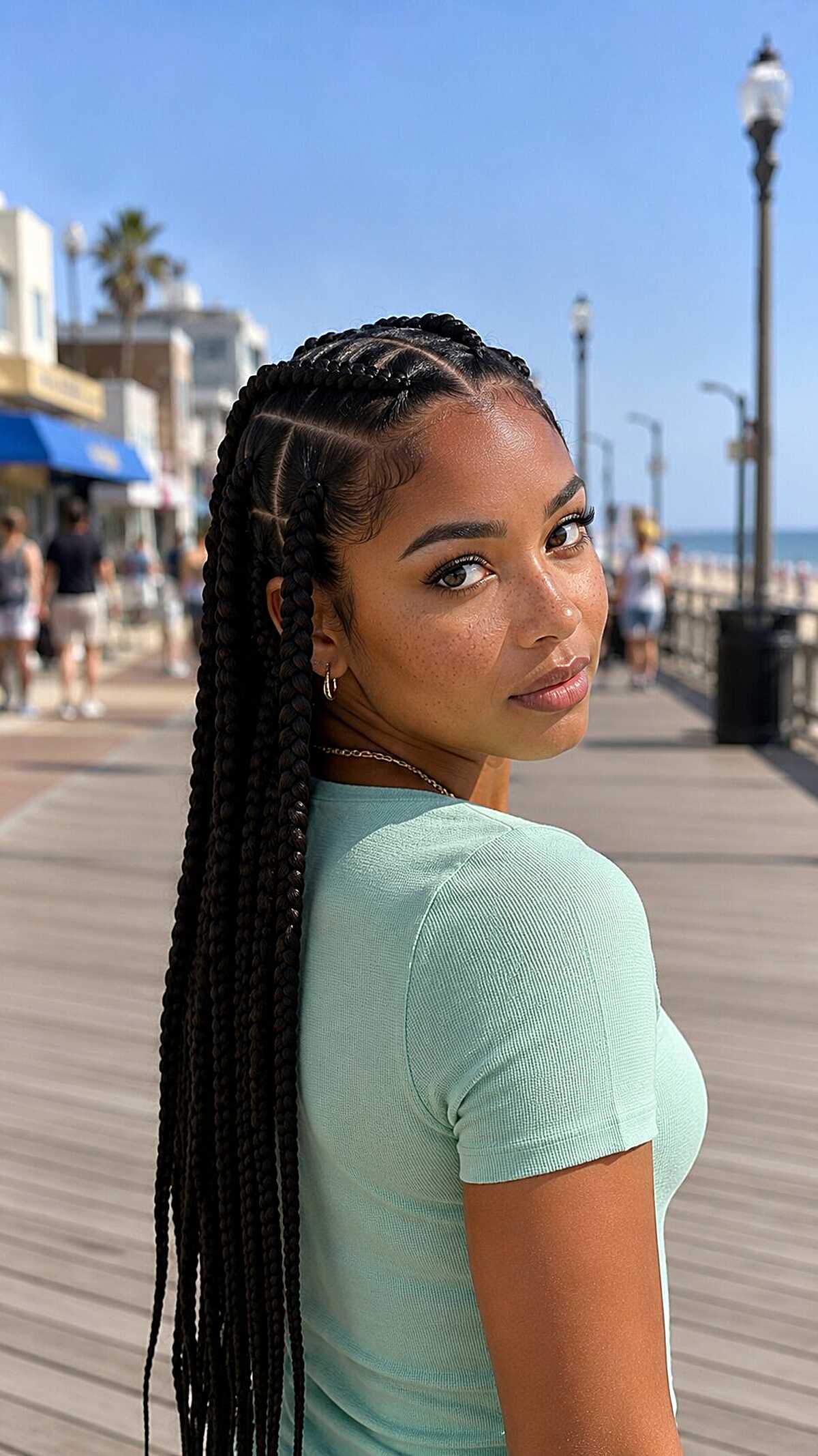 Stitch cornrows leading into long box braids