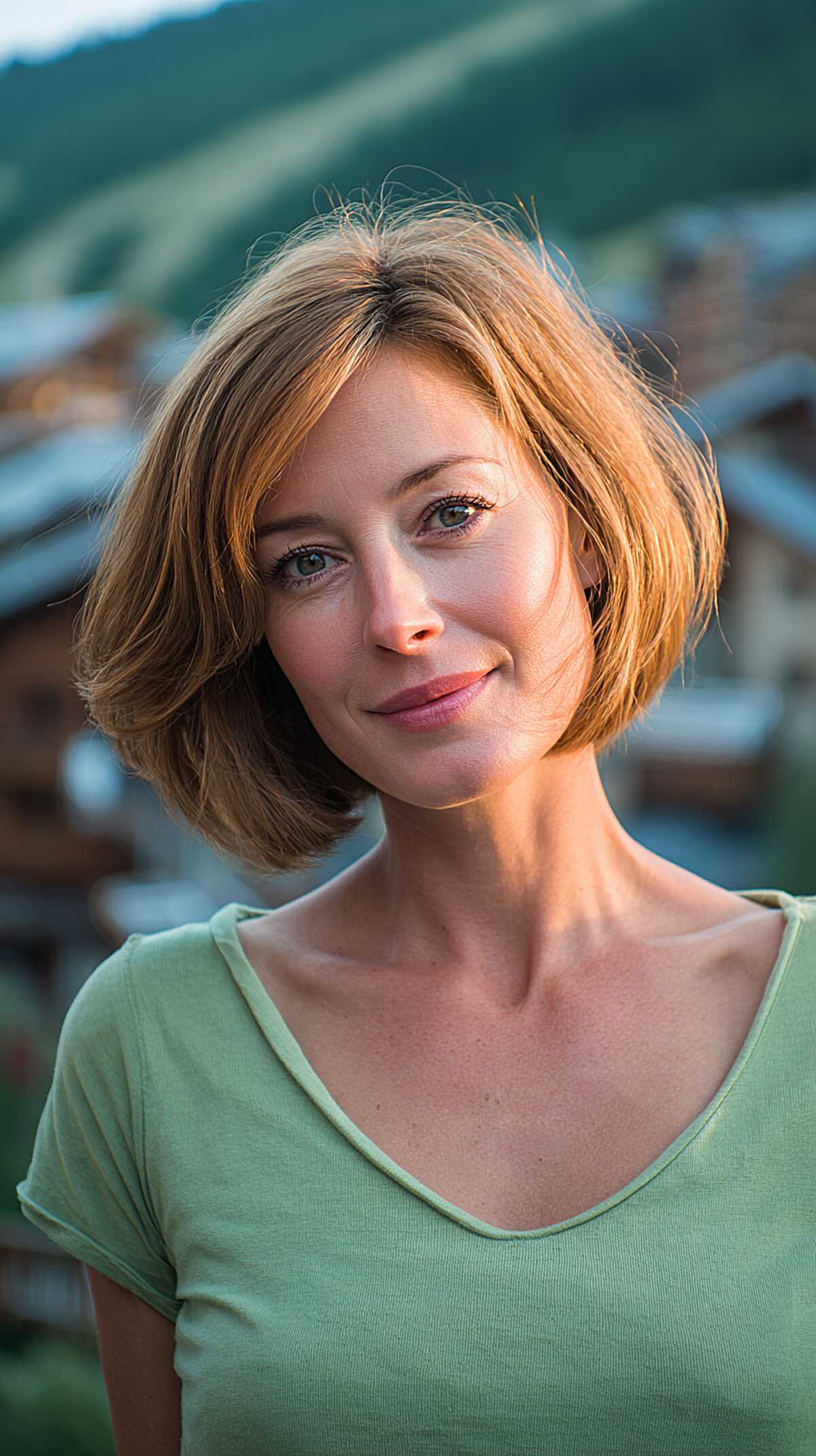 Strawberry blonde short bob with subtle layers