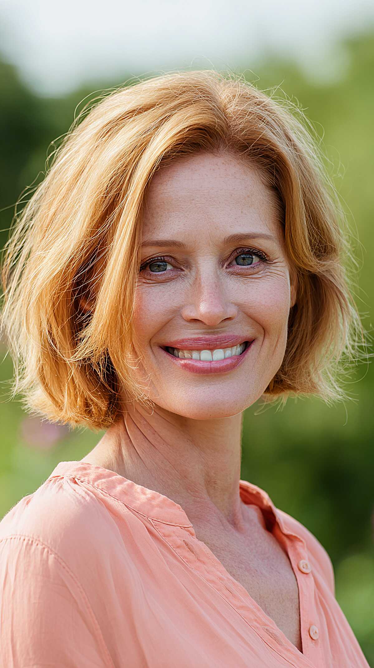 Strawberry copper bob with side part and volume