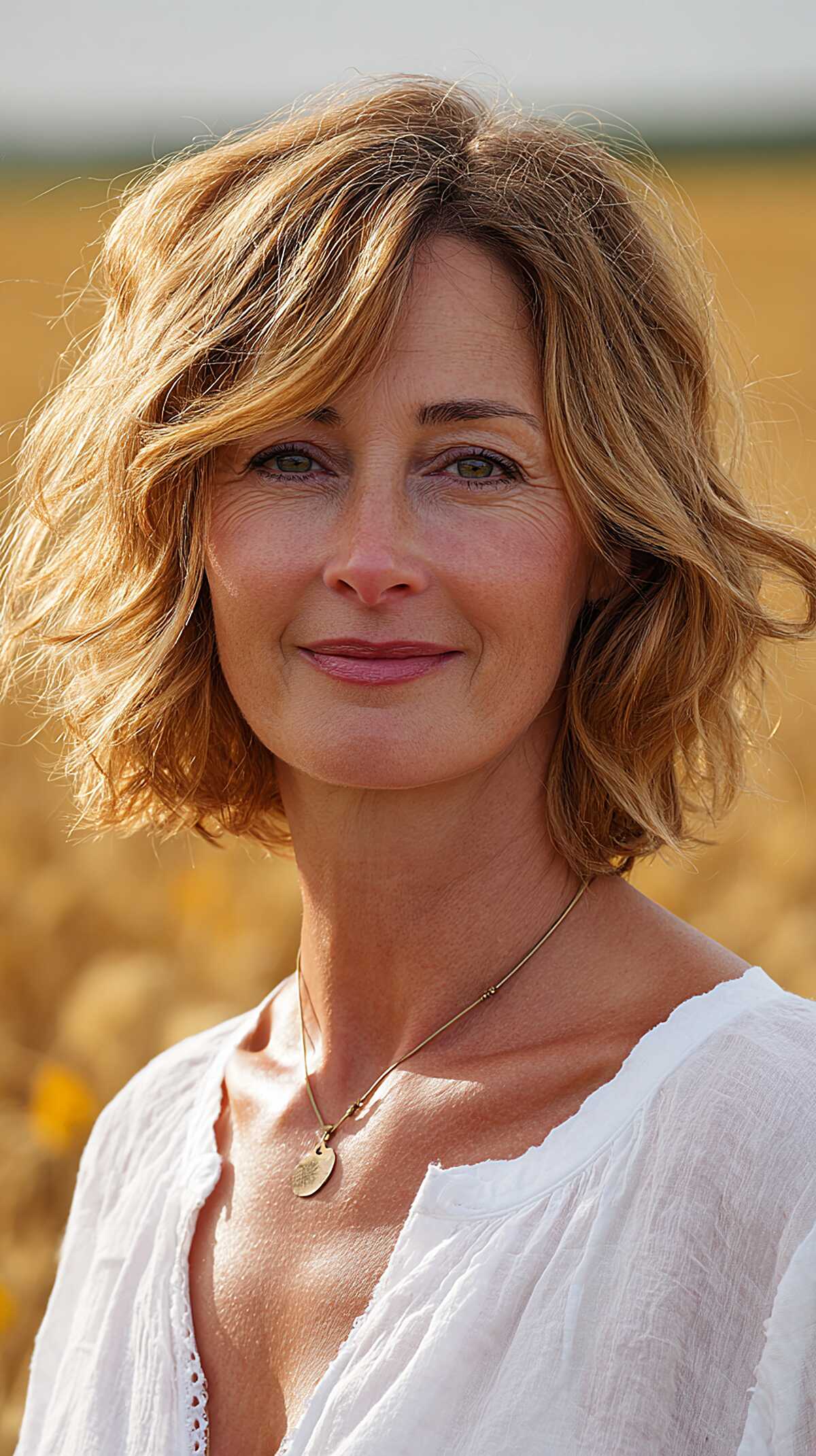Honey blonde wavy bob with gentle face-framing layers