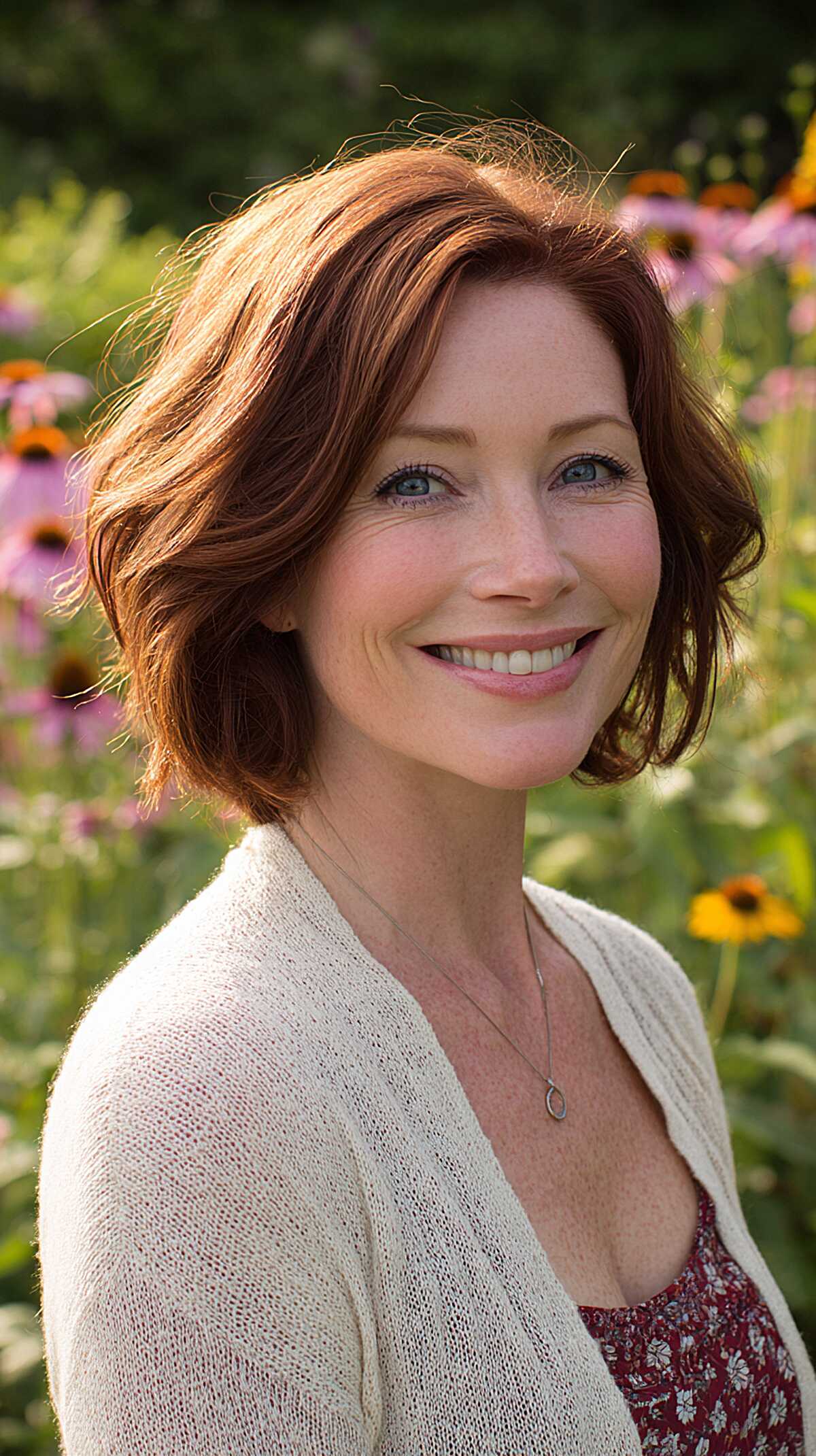 Auburn chin-length layered bob with natural wave