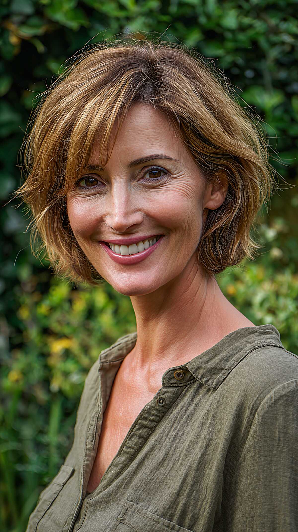 Short tawny brown bob with highlights and feathered ends