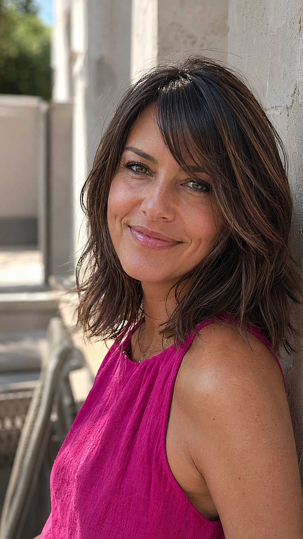 Textured Brunette Midi Cut with Soft Curtain Fringe