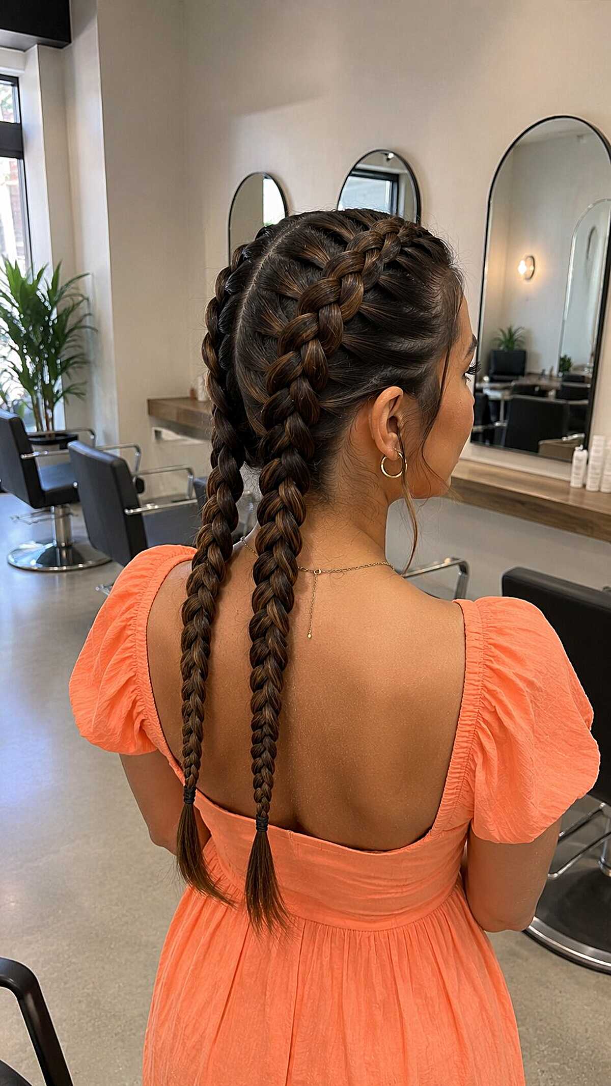 Tight double Dutch braids on long dark hair