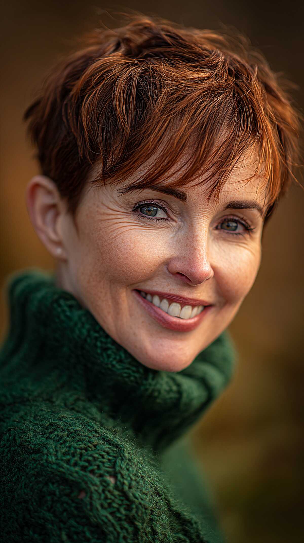 Tousled Auburn Pixie with Feathered Forward Fringe