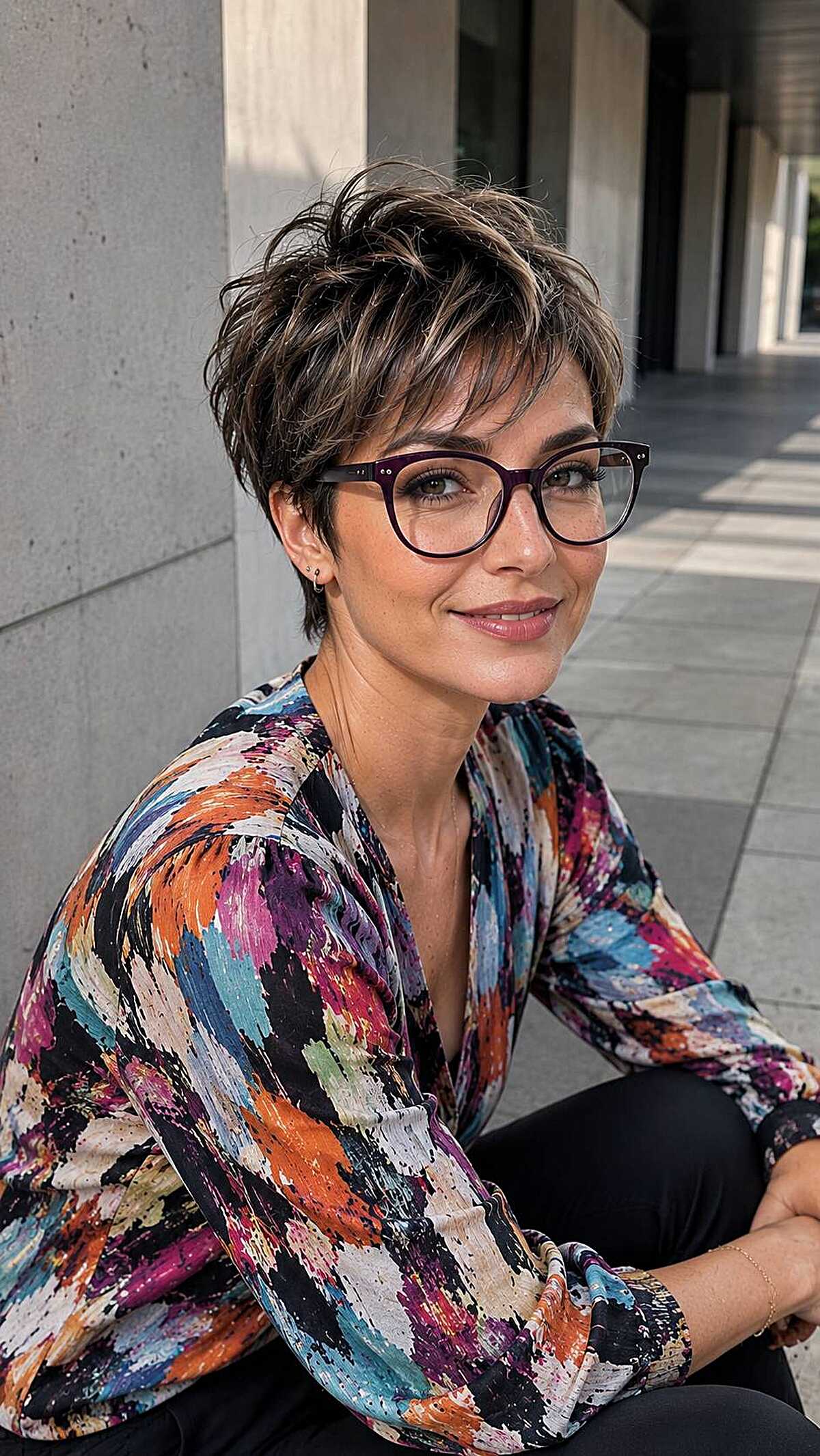 Tousled brunette pixie with berry purple glasses