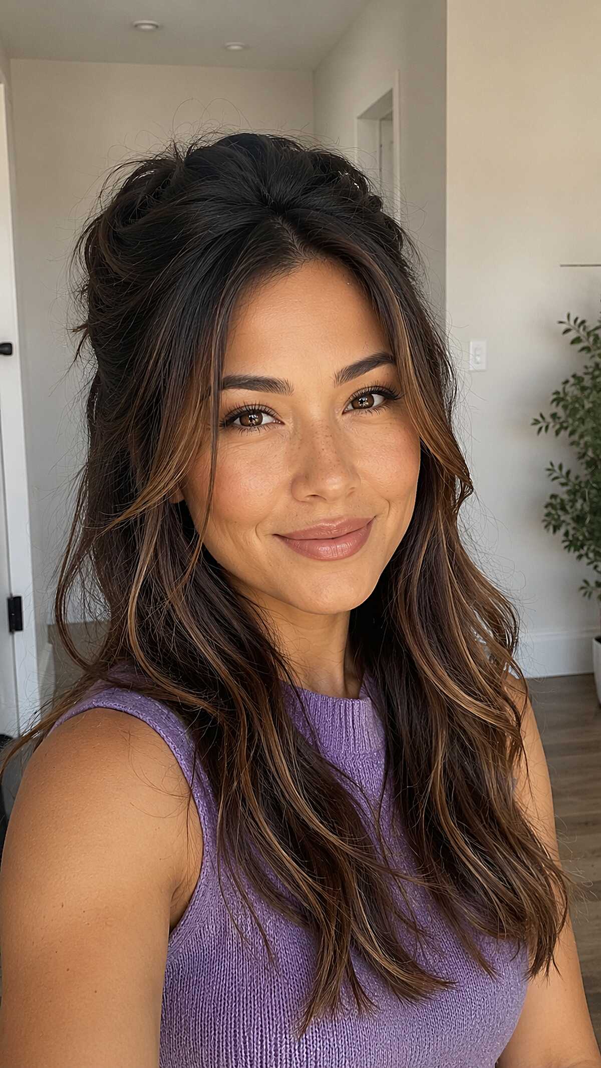 Tousled Half-Up with Warm Chestnut Balayage and Loose Face Framing
