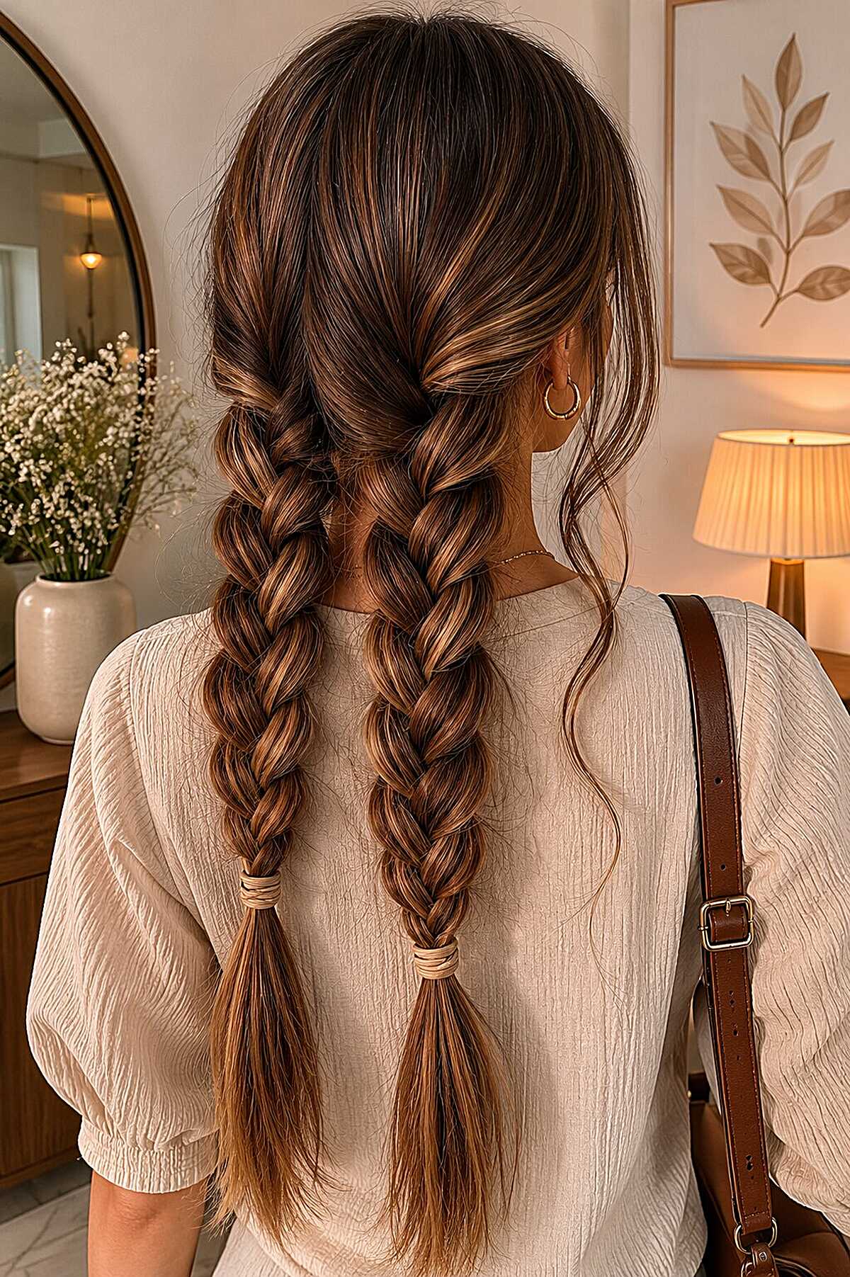 Twin fishtail braids on warm brown hair with highlights