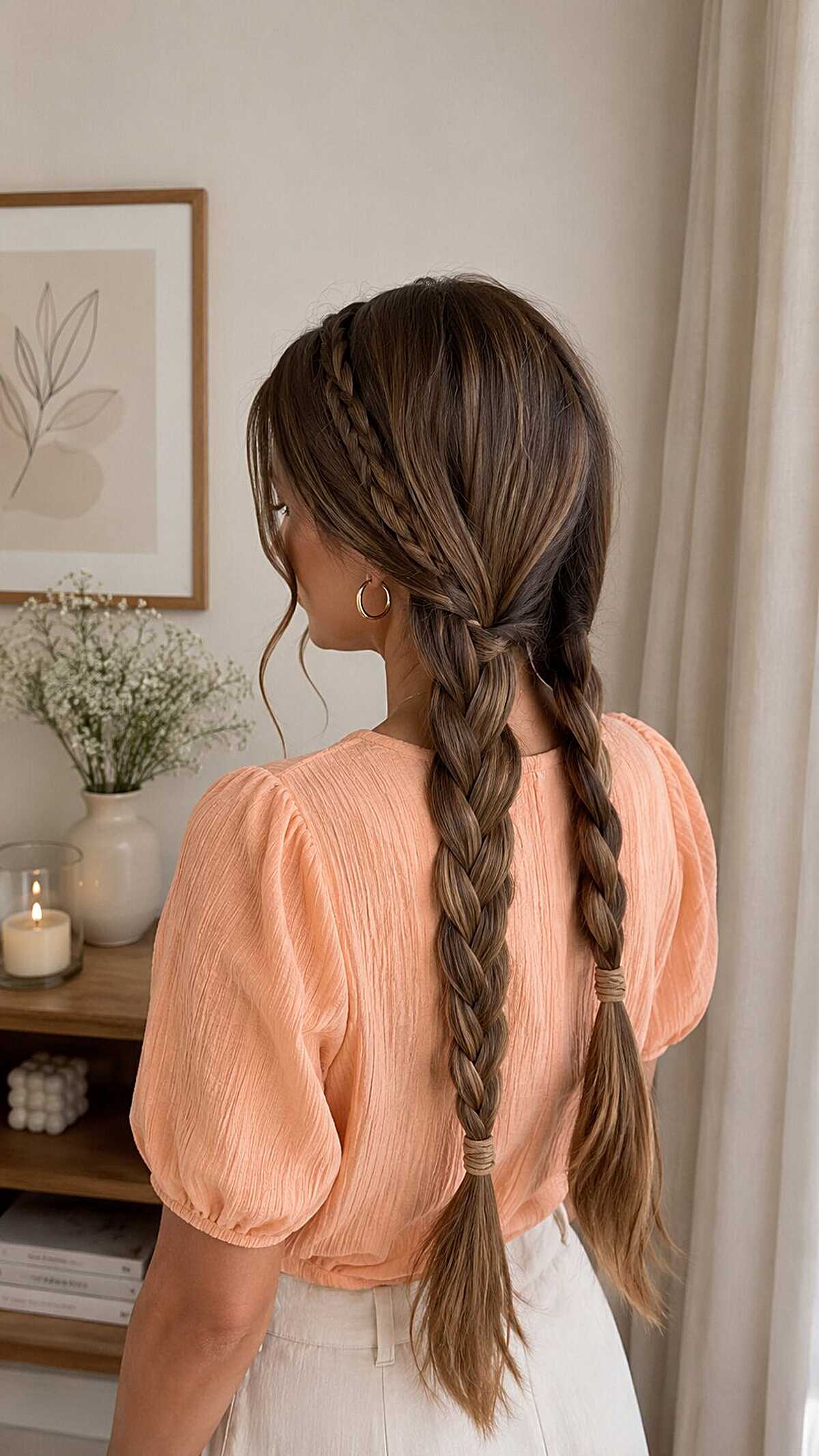 Two side braids merging into one low braid