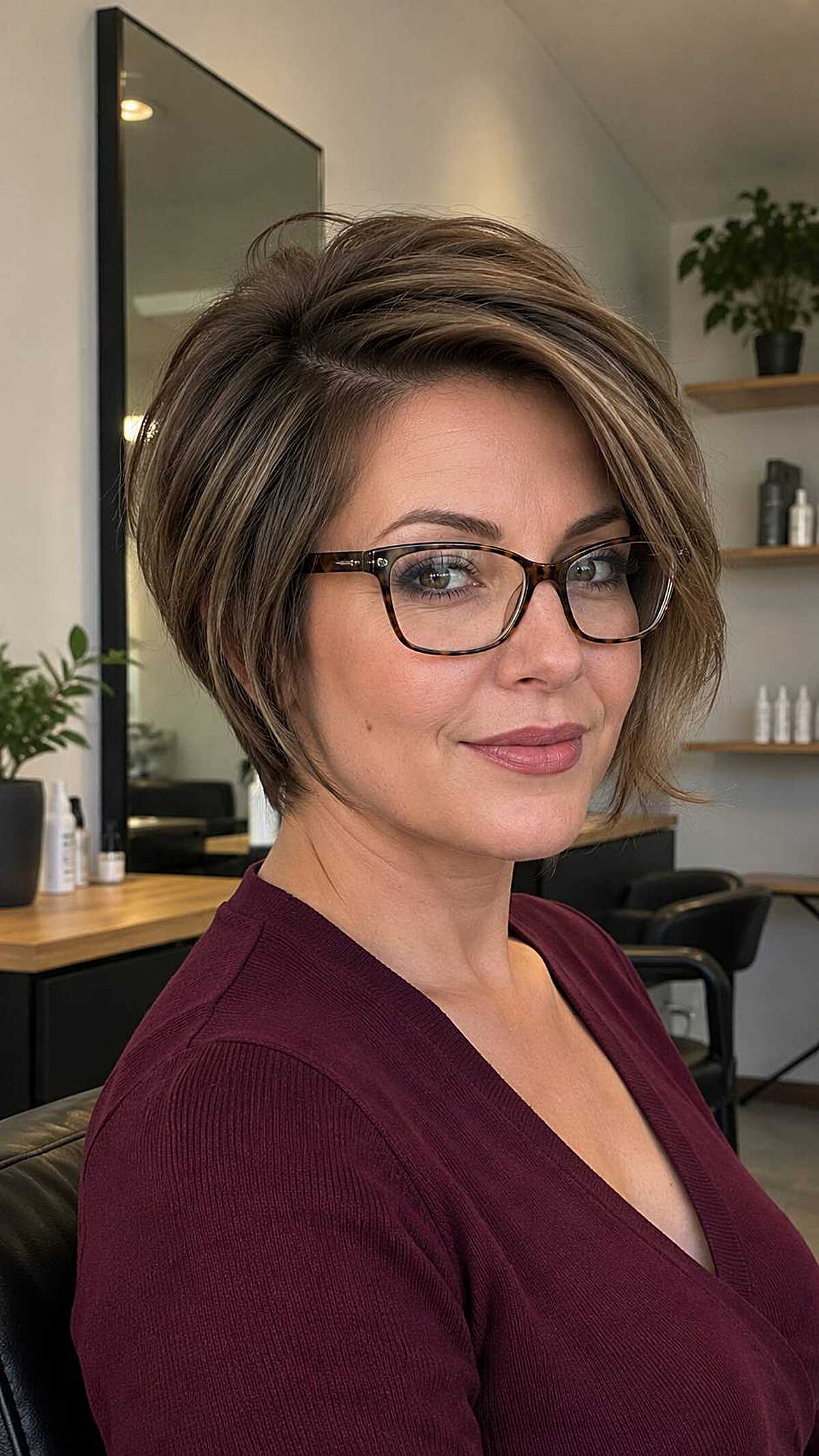Voluminous brunette pixie bob with tortoiseshell frames