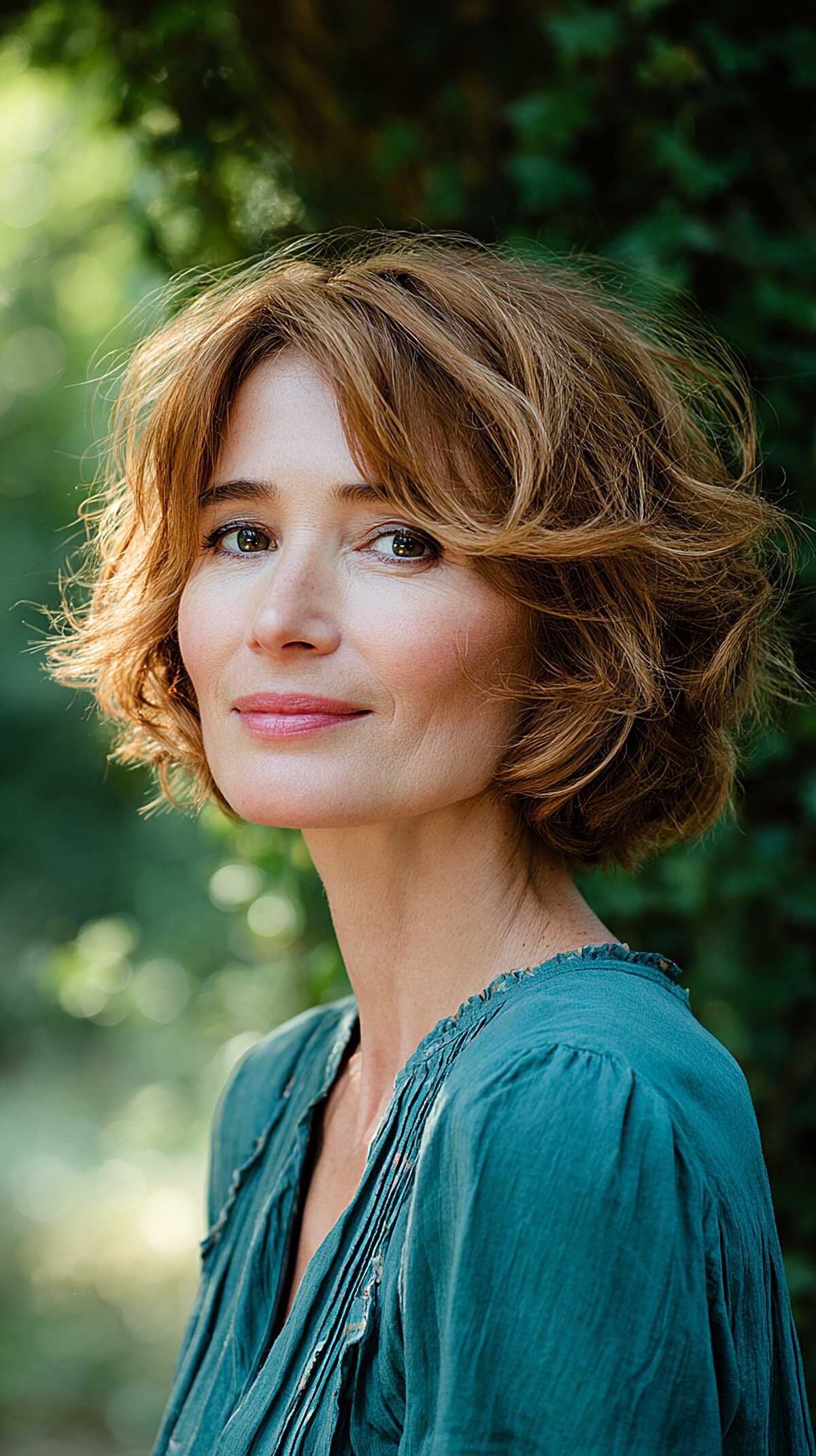 Voluminous caramel brown layered bob with side part