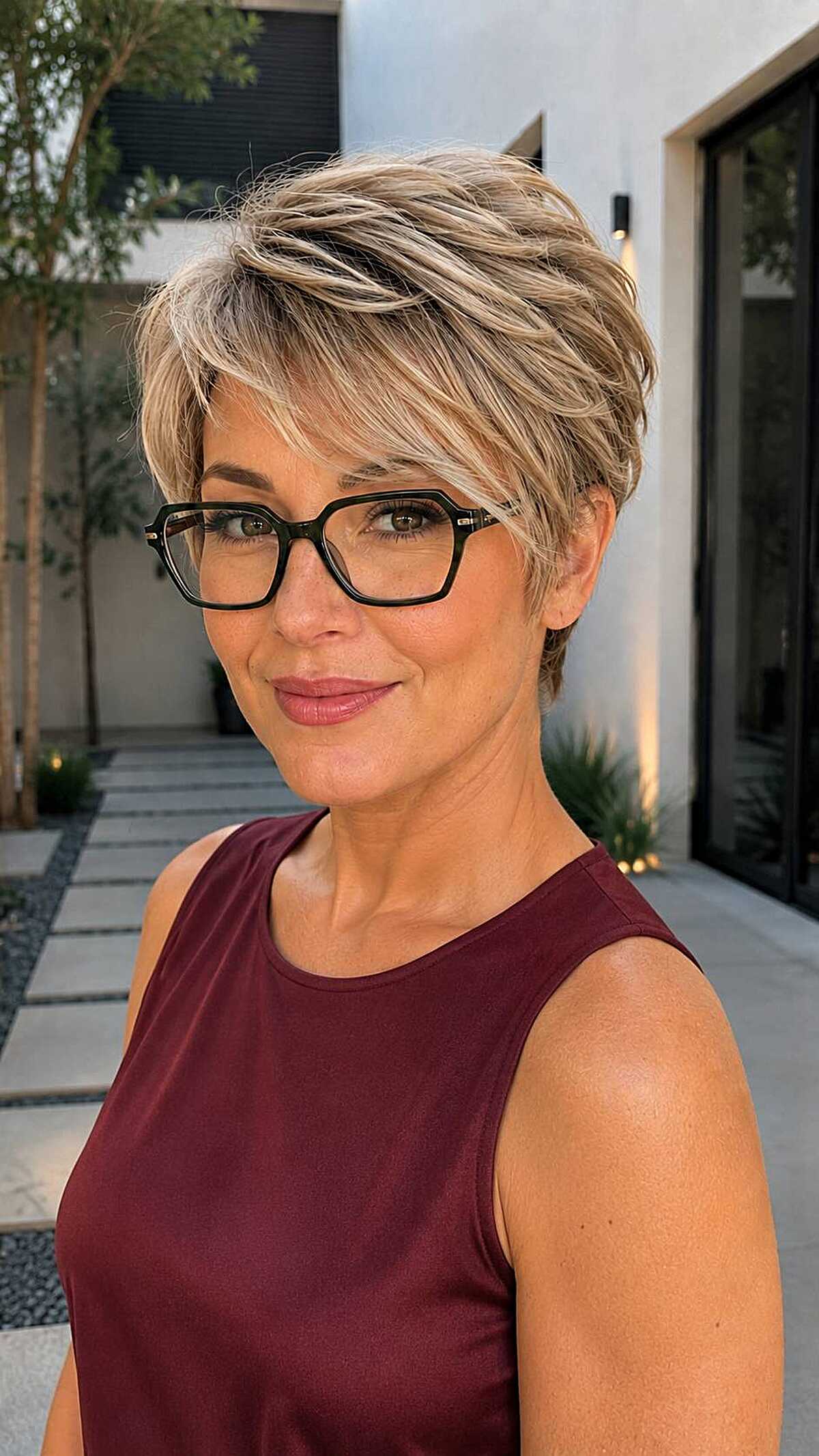 Warm blonde layered pixie with dark angular glasses