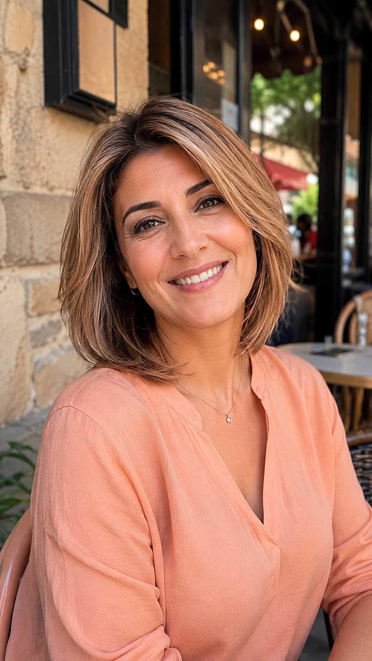 Warm bronde layered bob with side part