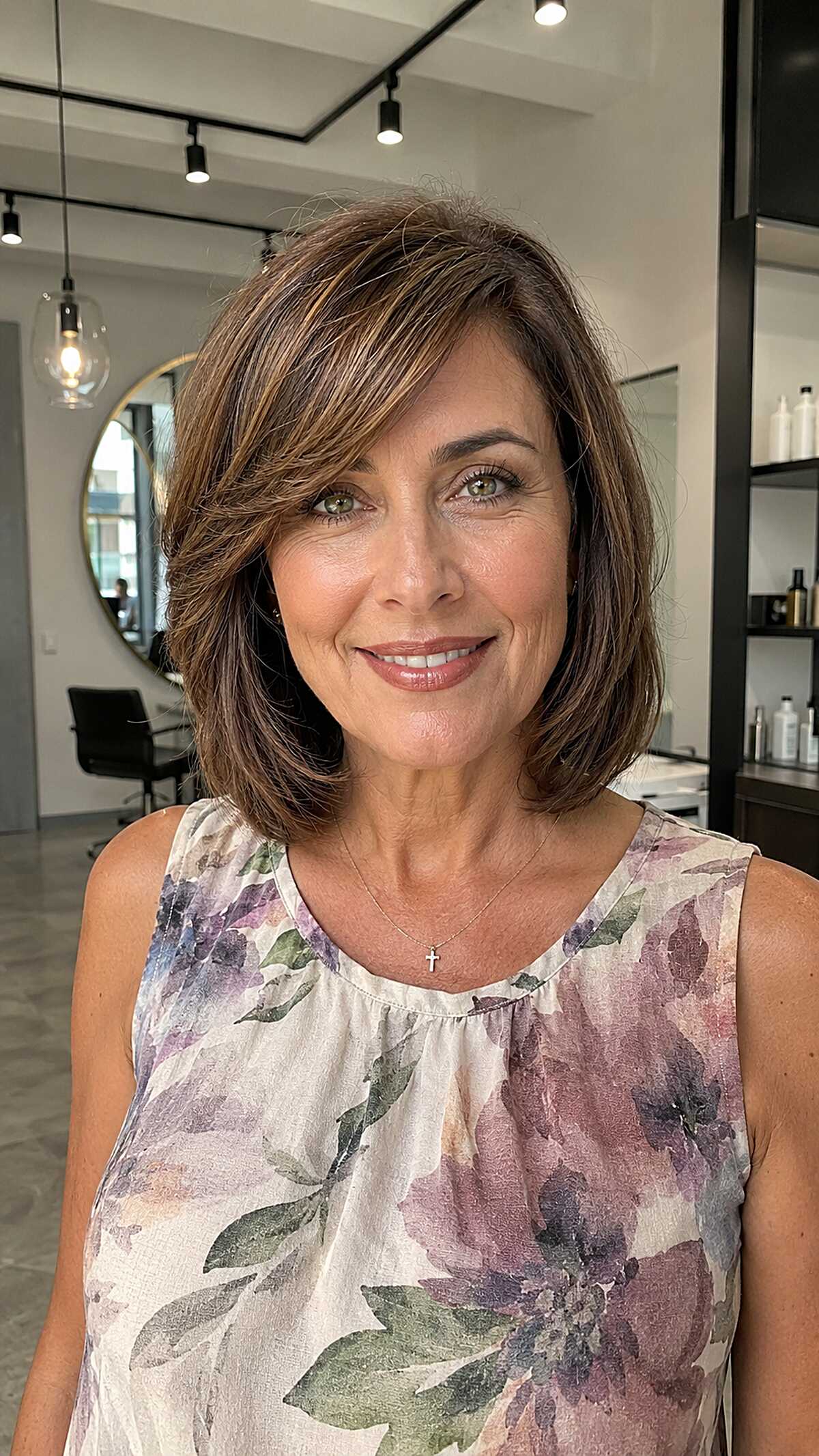 Warm Brunette Layered Bob with Side-Swept Fringe