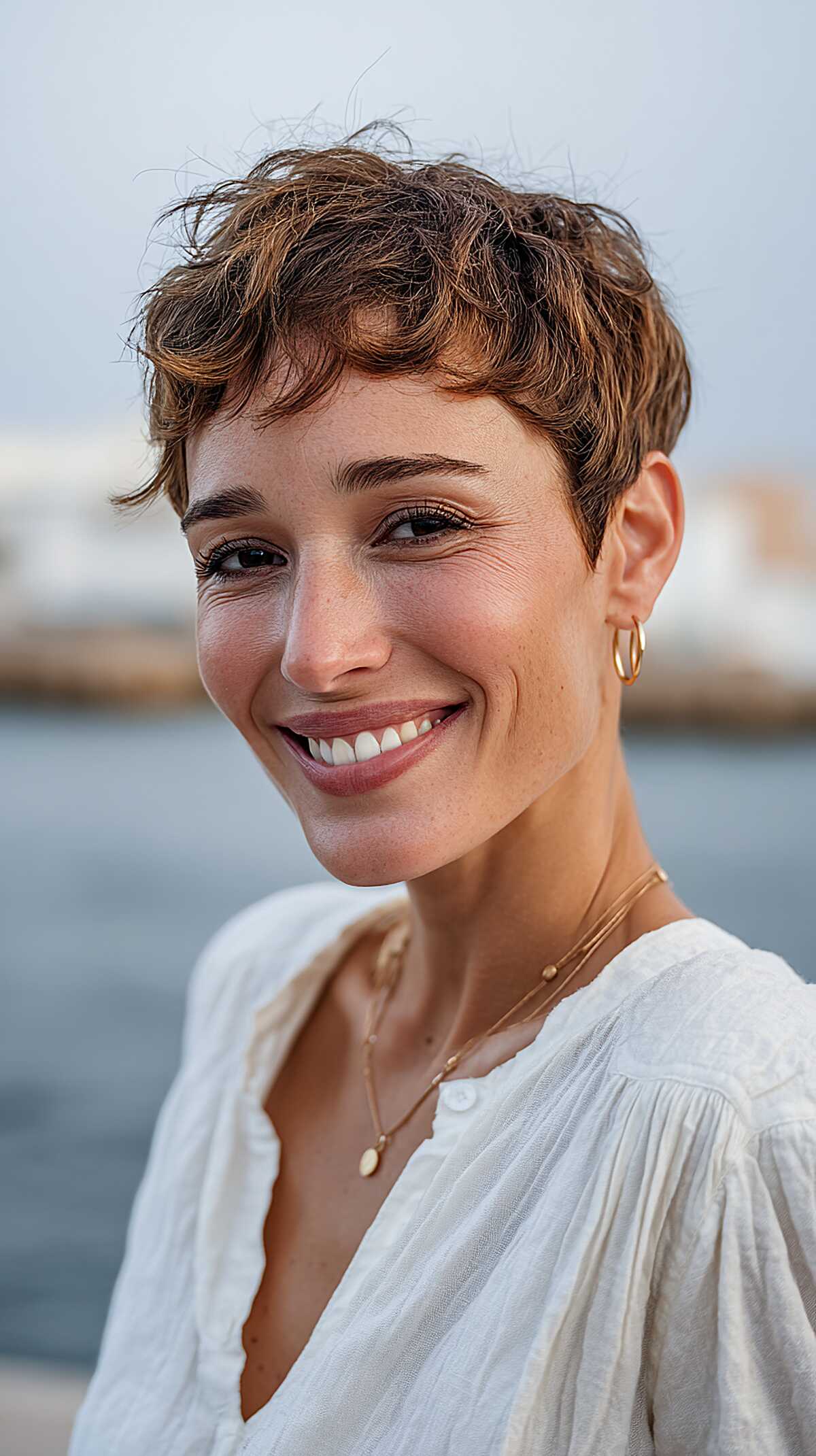 Warm Brunette Micro Pixie with Loose Textured Top