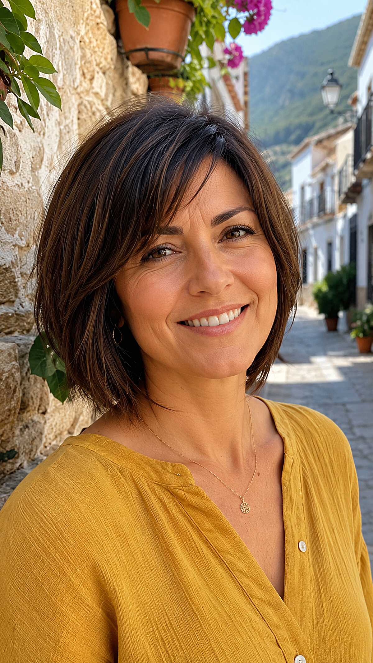 Brunette textured bob with piecey bangs and highlights