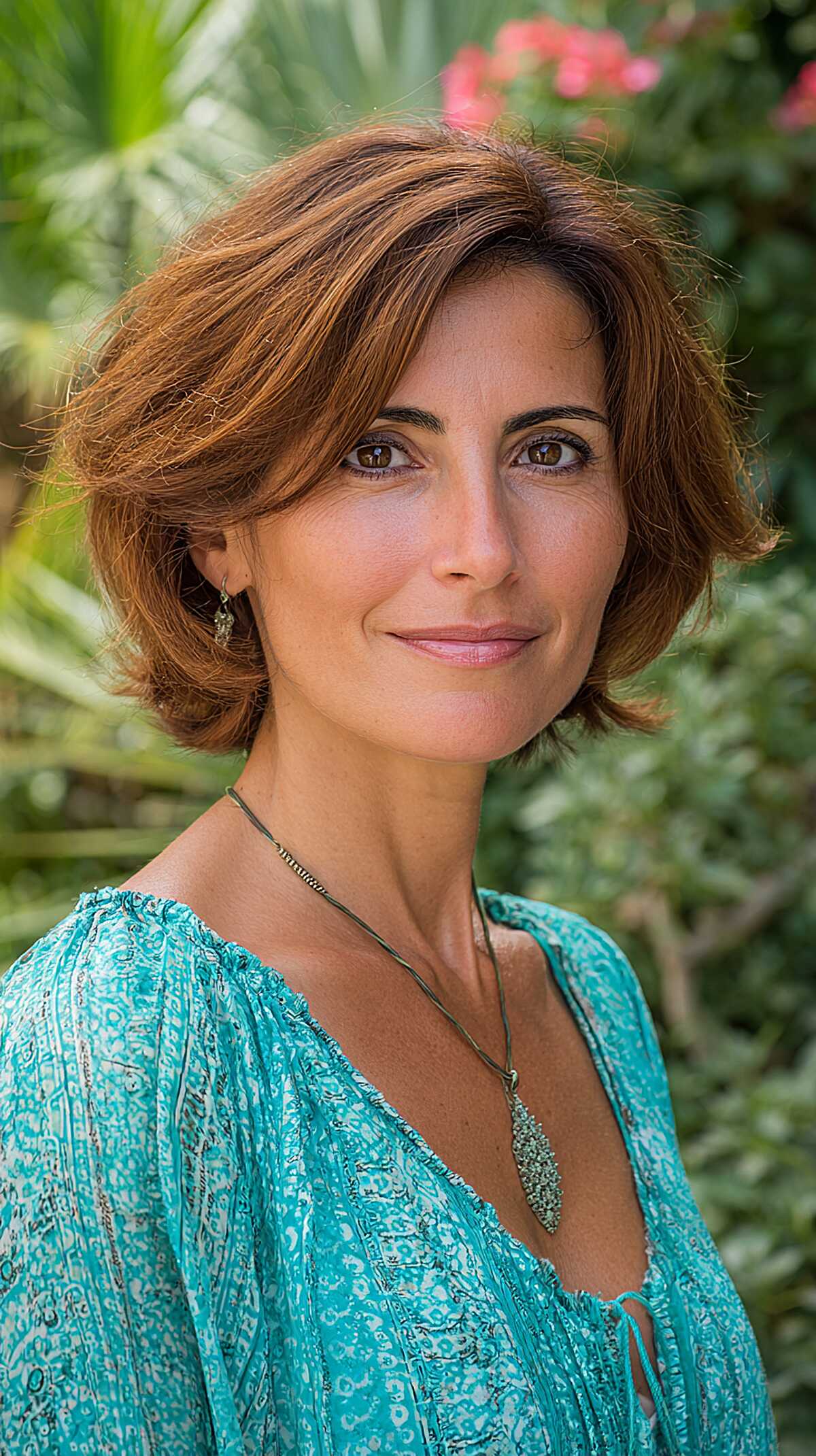 Warm chestnut layered bob with relaxed side sweep