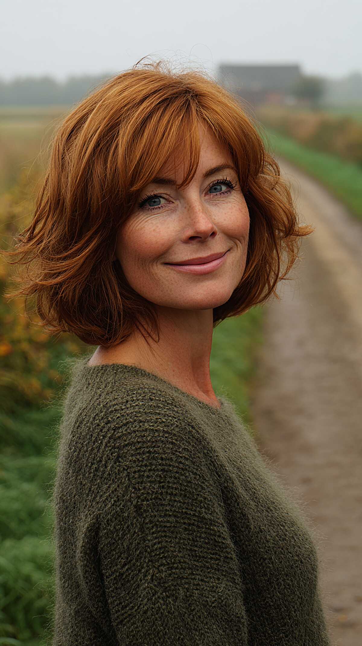 Warm copper layered bob with curtain fringe on fine hair