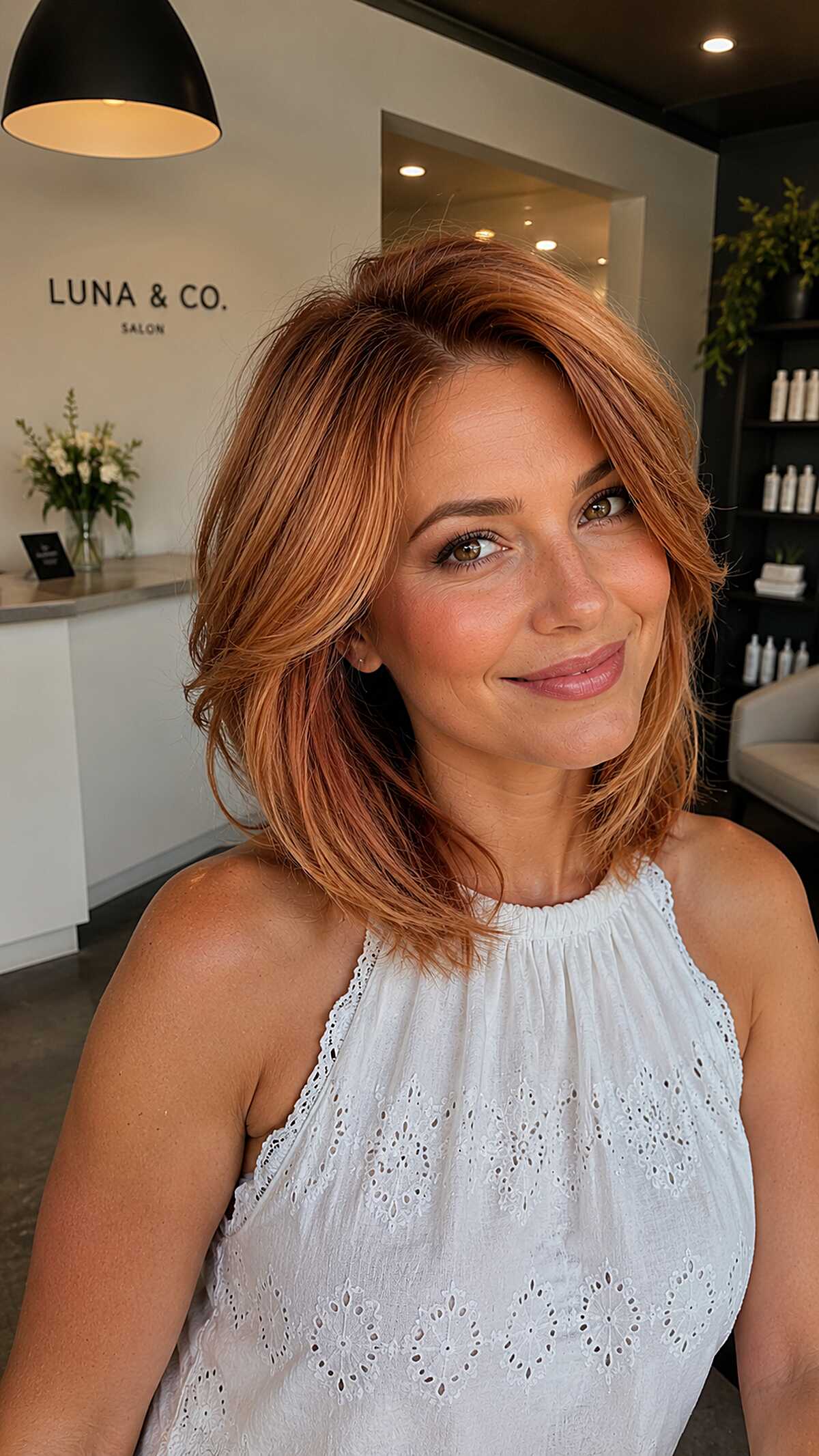 Warm Copper Textured Bob with Peach-Blonde Highlights