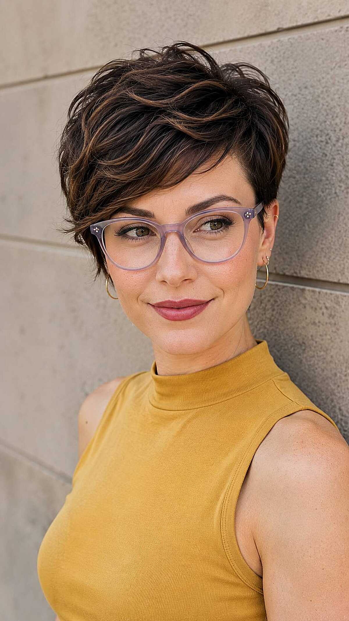 Wavy dark brunette pixie with lavender cat-eye frames