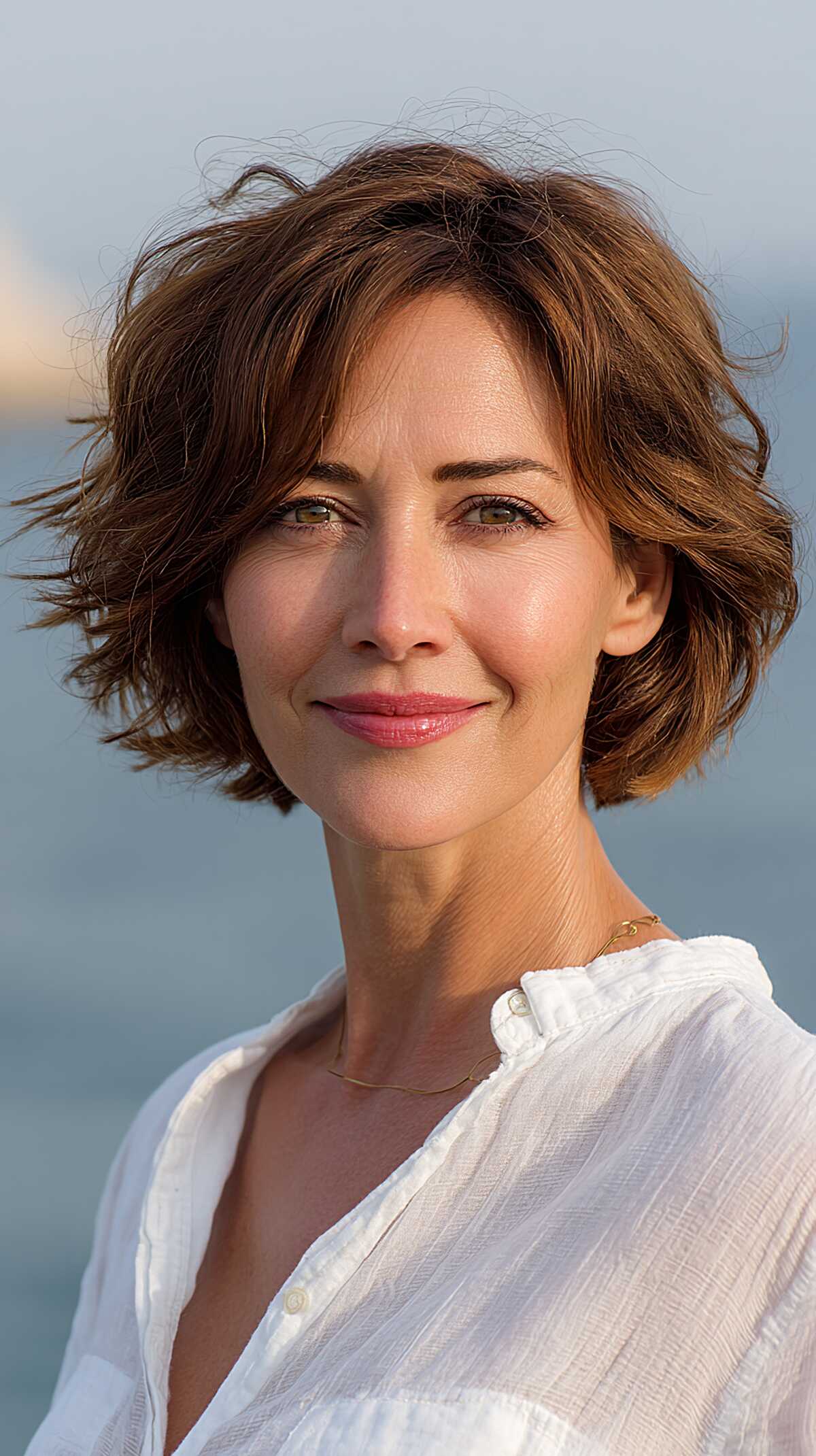 Tousled brunette chin-length bob with natural wave