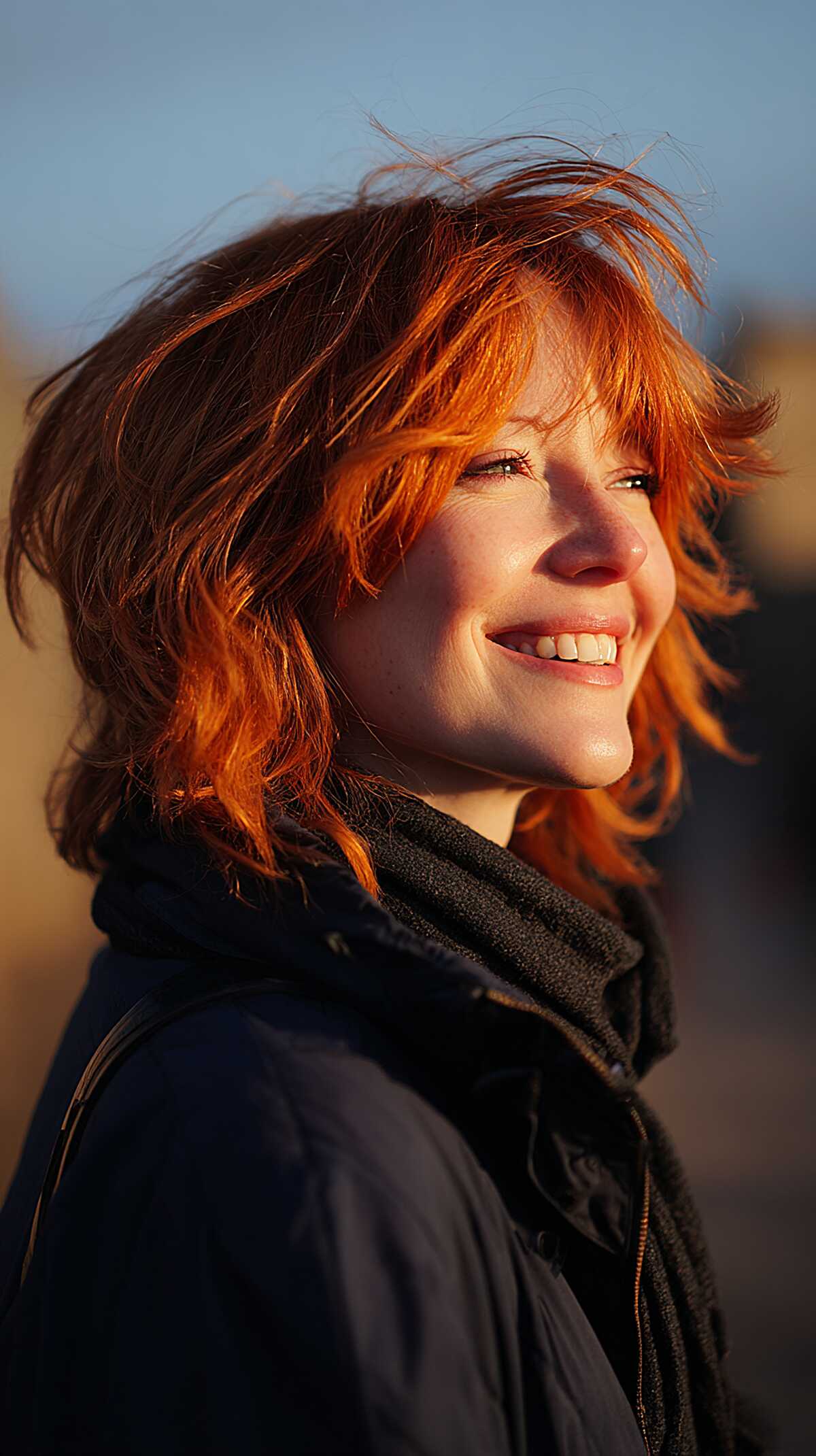 Windswept Copper Shag with Curtain Bangs