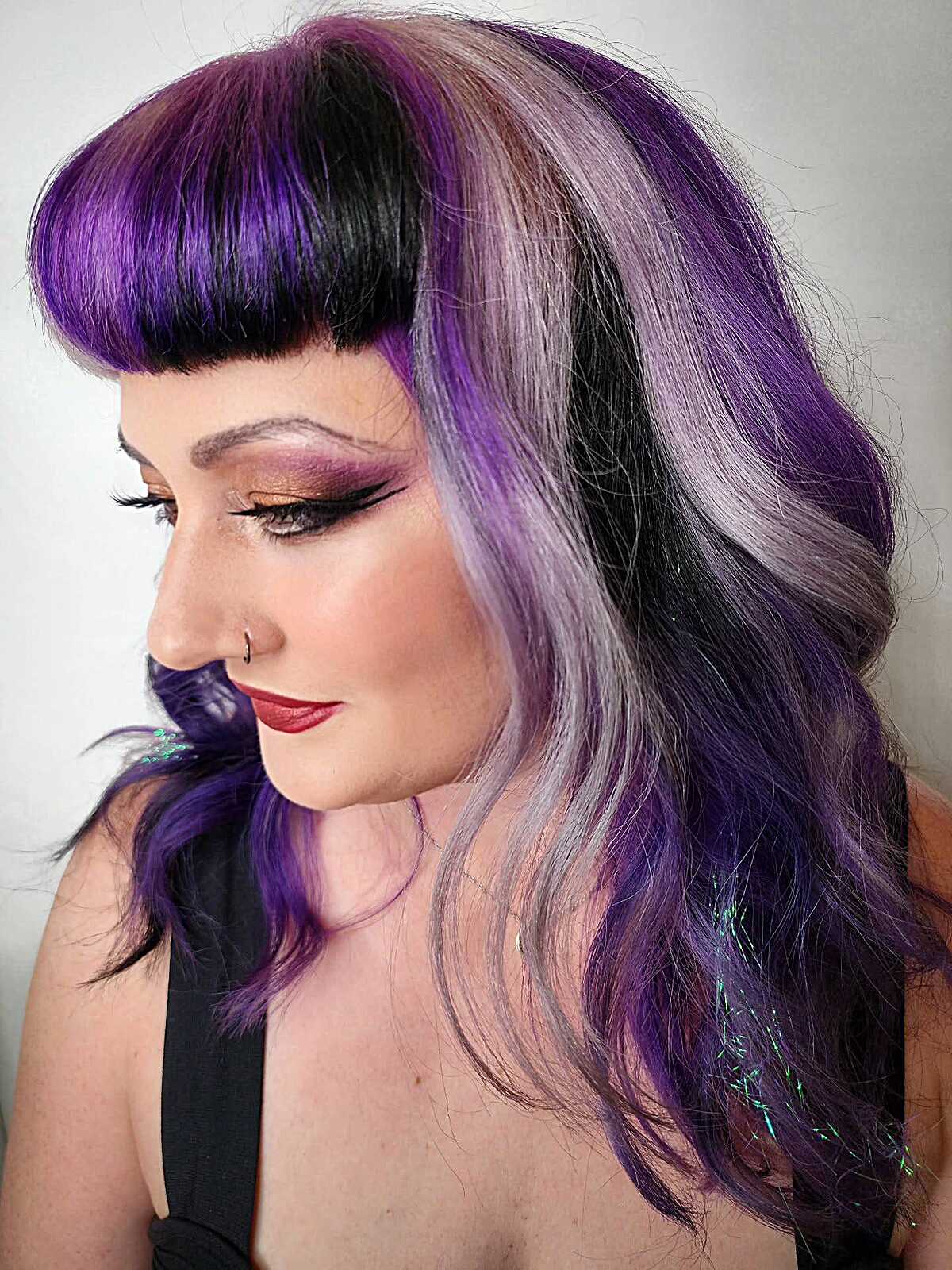 Purple and silver wavy hair with vintage micro Bettie bangs