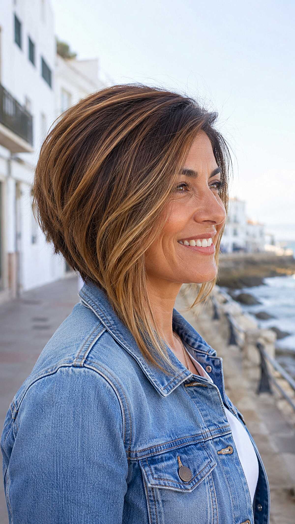 Angled Brunette Bob with Sun-Kissed Balayage