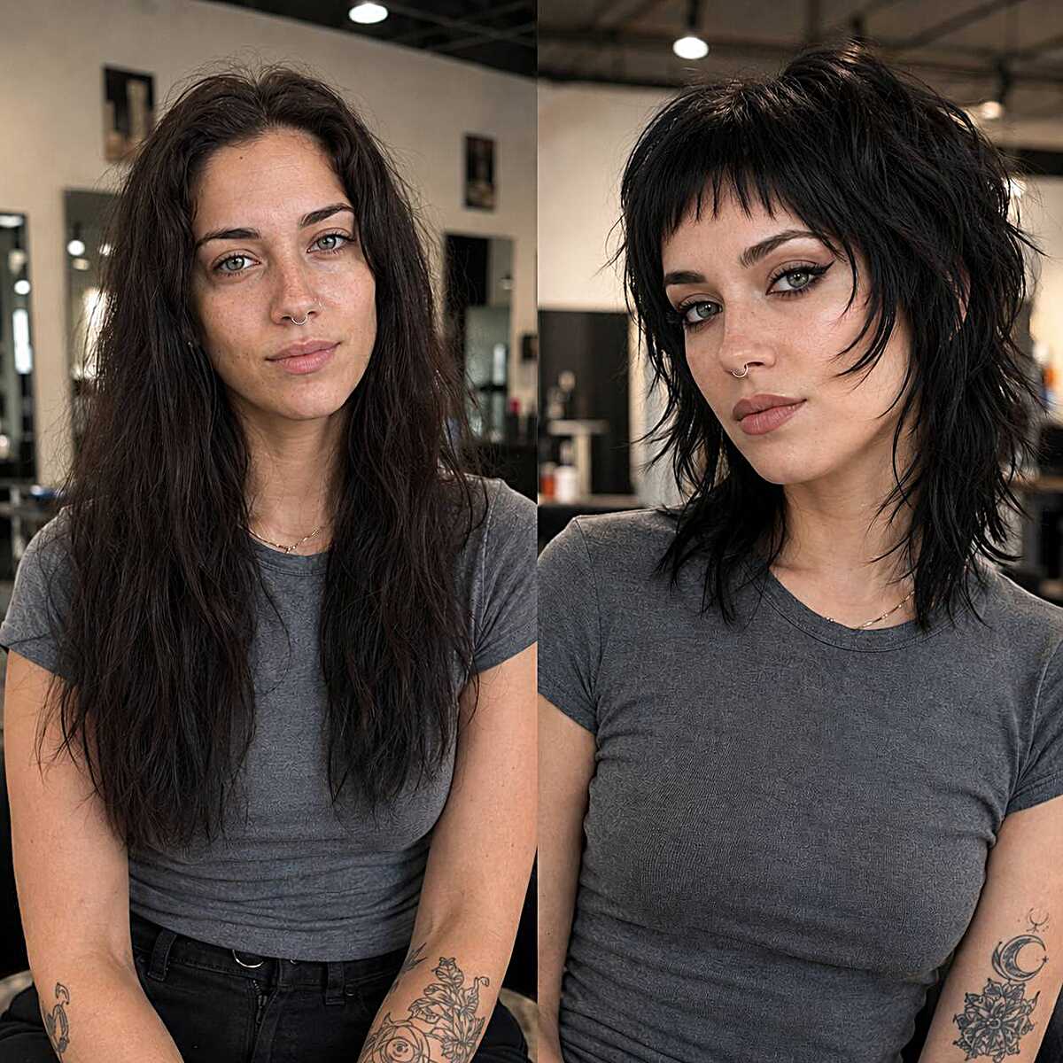 Before and after transformation to dark choppy shag with bangs