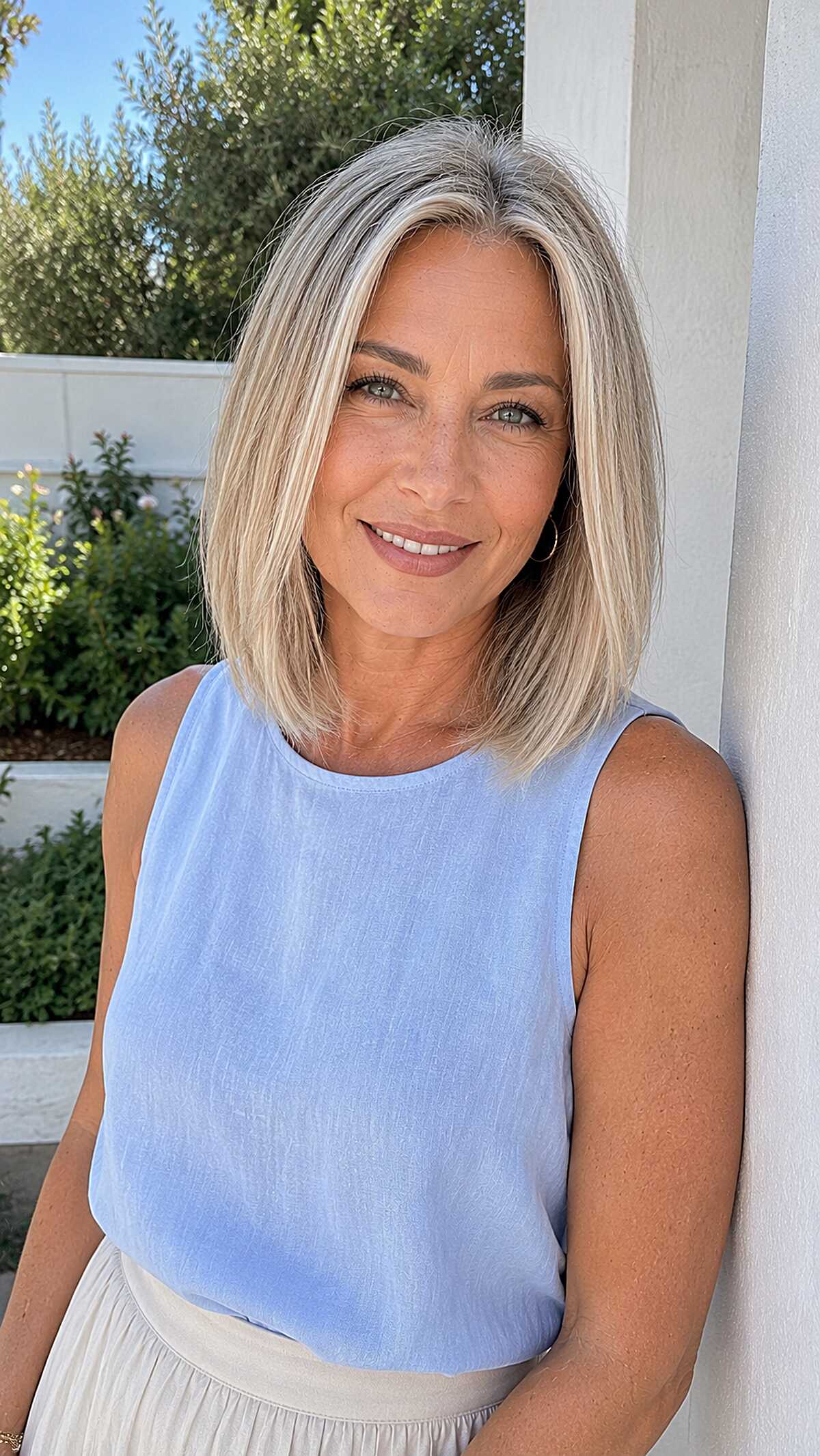 Blended Grey and Blonde Collarbone Bob with Soft Center Part