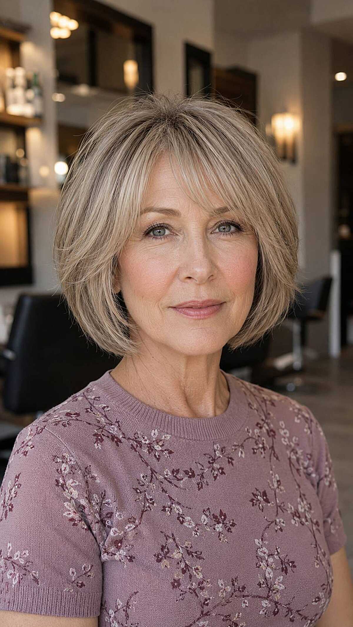 Ash blonde chin bob with soft curtain fringe bangs
