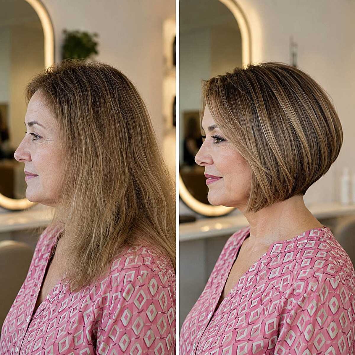 Before and after chin-length stacked bob transformation