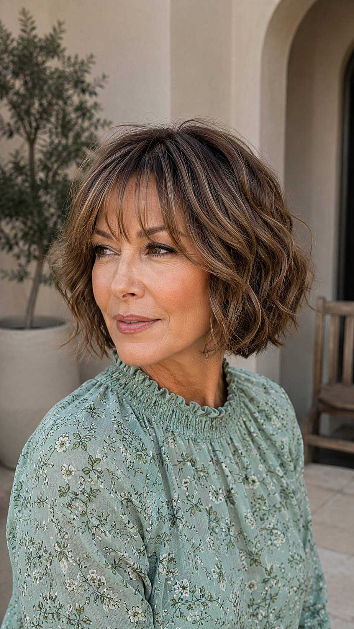 Wavy brunette chin bob with soft balayage highlights