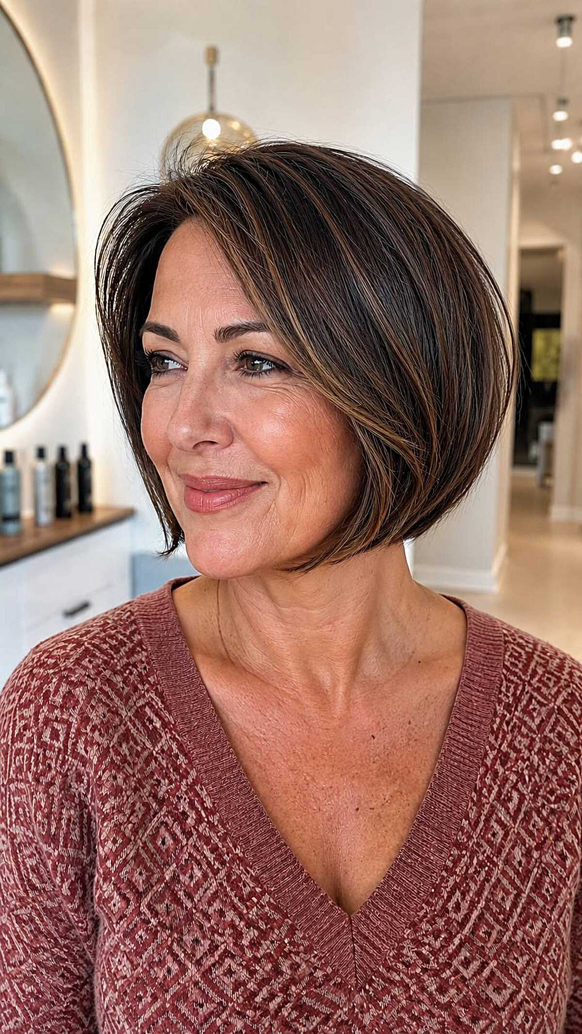 Voluminous dark brunette chin bob with subtle highlights