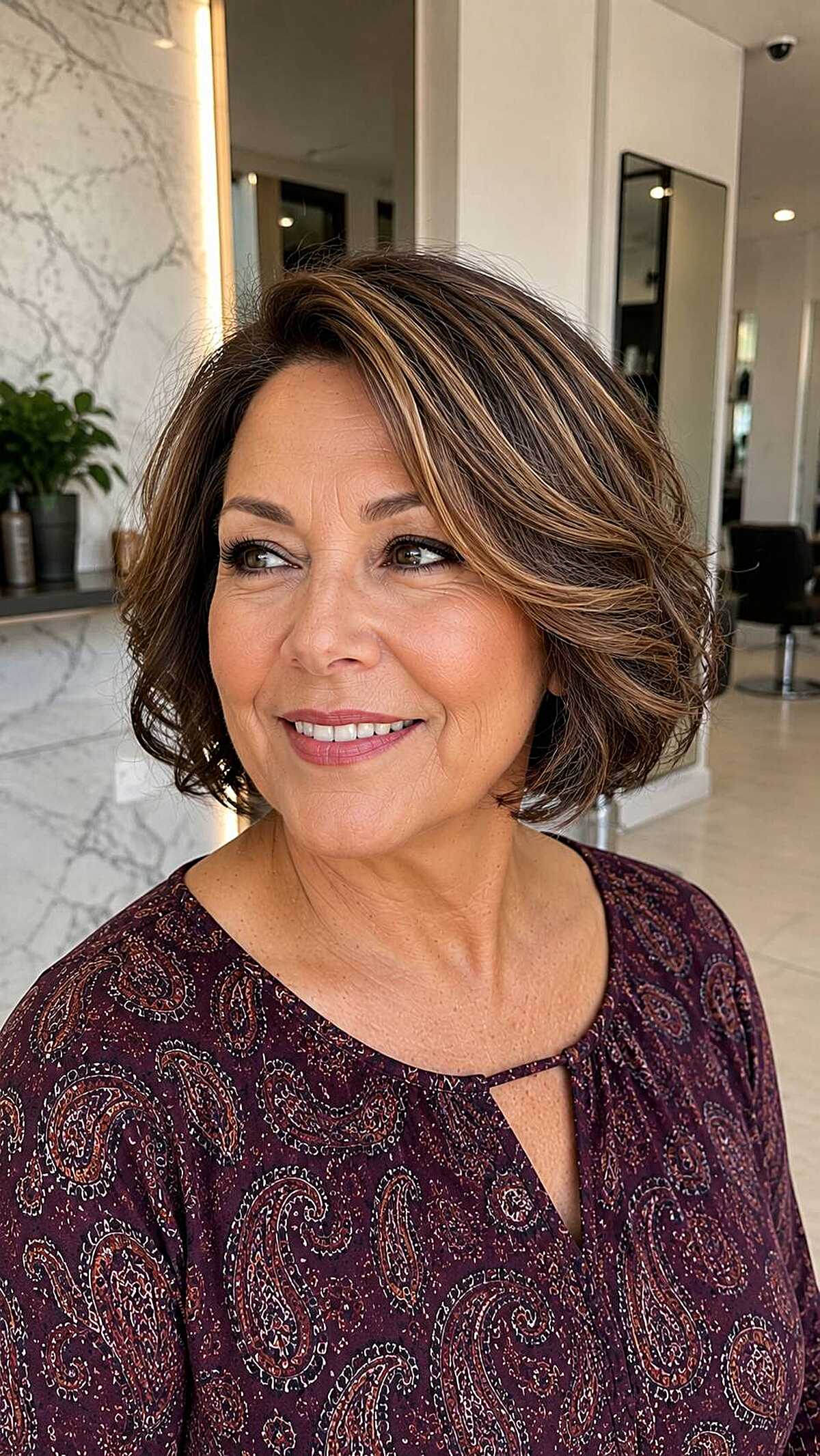 Voluminous chin bob with caramel highlights on brunette