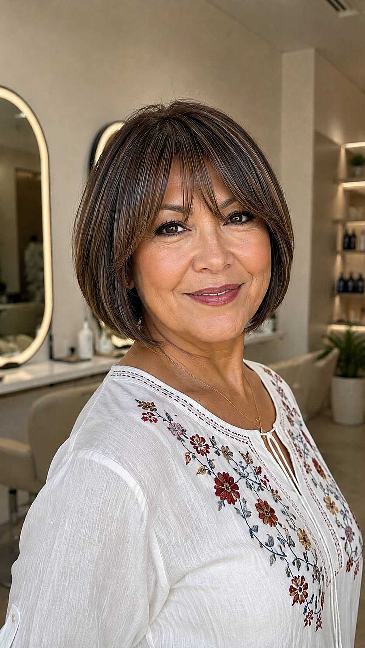 Chocolate chin bob with fine caramel highlight threads