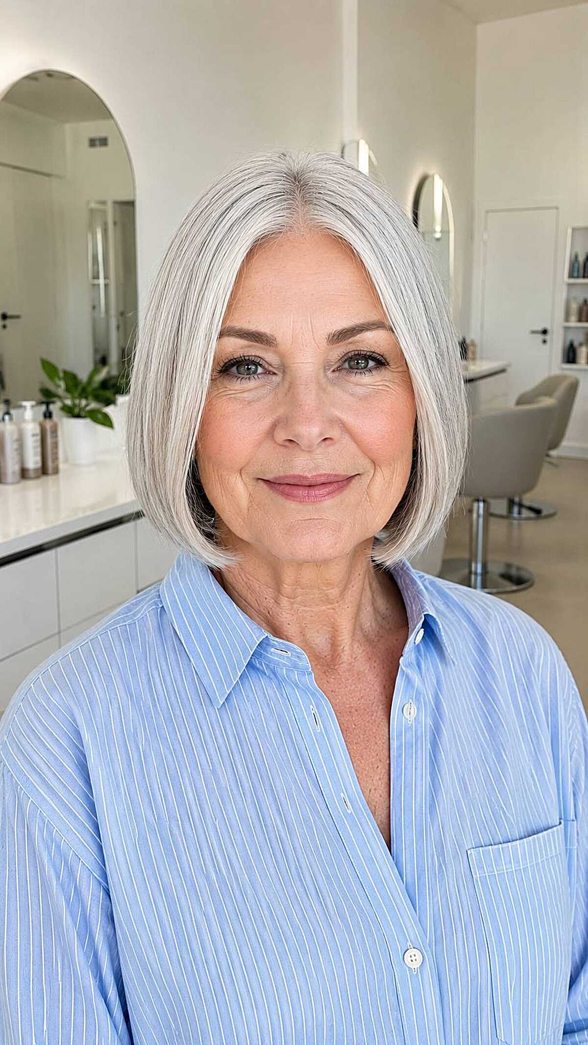 Sleek silver-white blunt chin-length bob in salon