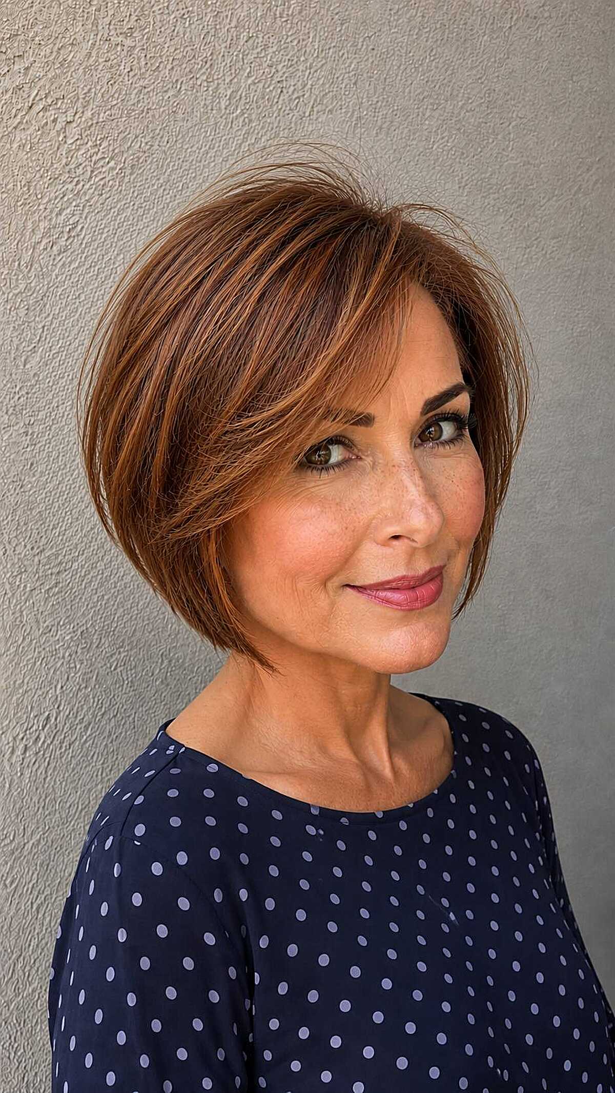 Sleek copper auburn chin-length bob with side sweep